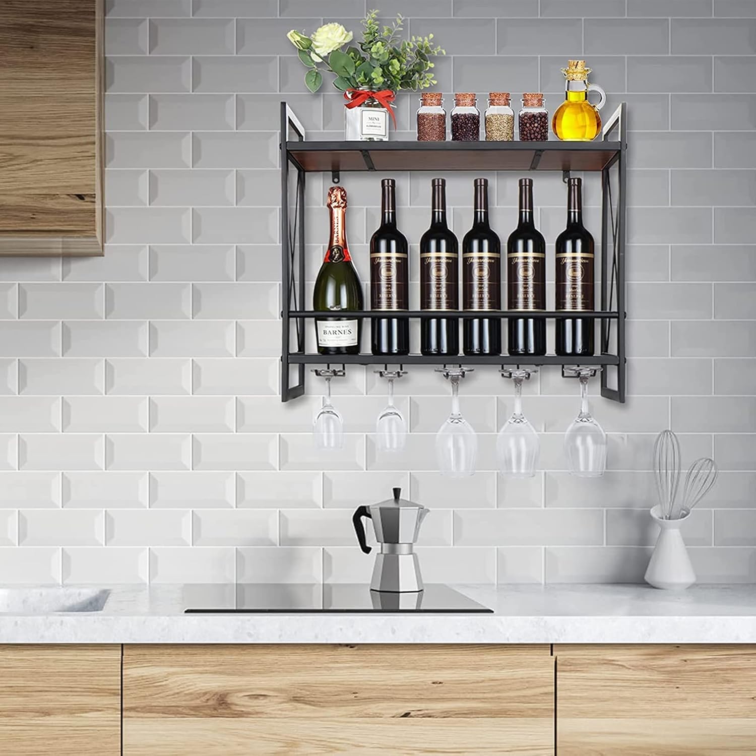OBong 2-Tier Wall-Mounted Wine Rack with Guardrail and Floating Shelves