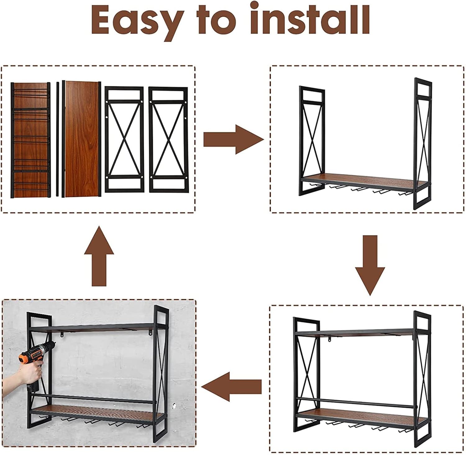 OBong 2-Tier Wall-Mounted Wine Rack with Guardrail and Floating Shelves