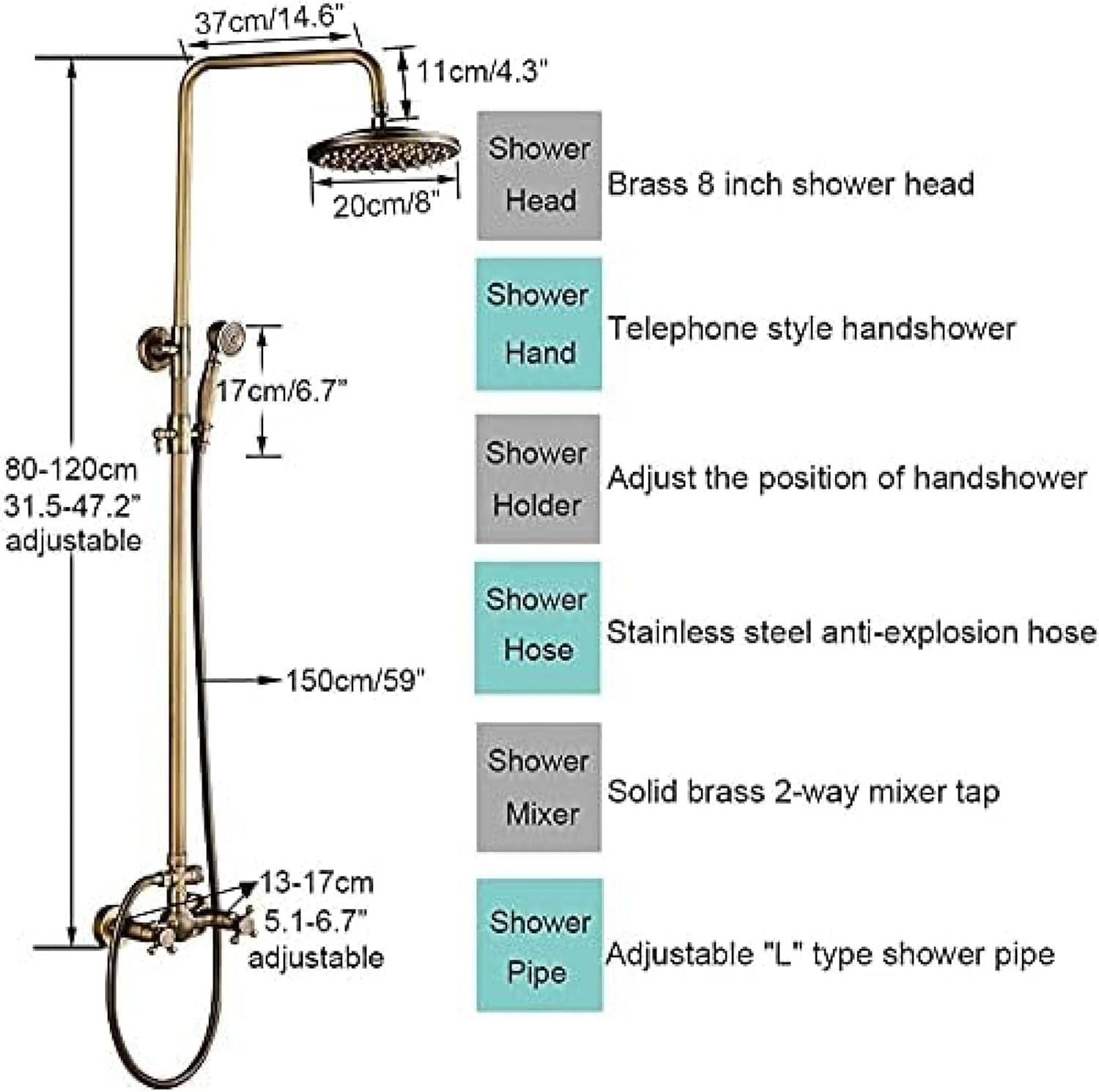 TECKI Antique Brass Shower Faucet Set with Rainfall Head