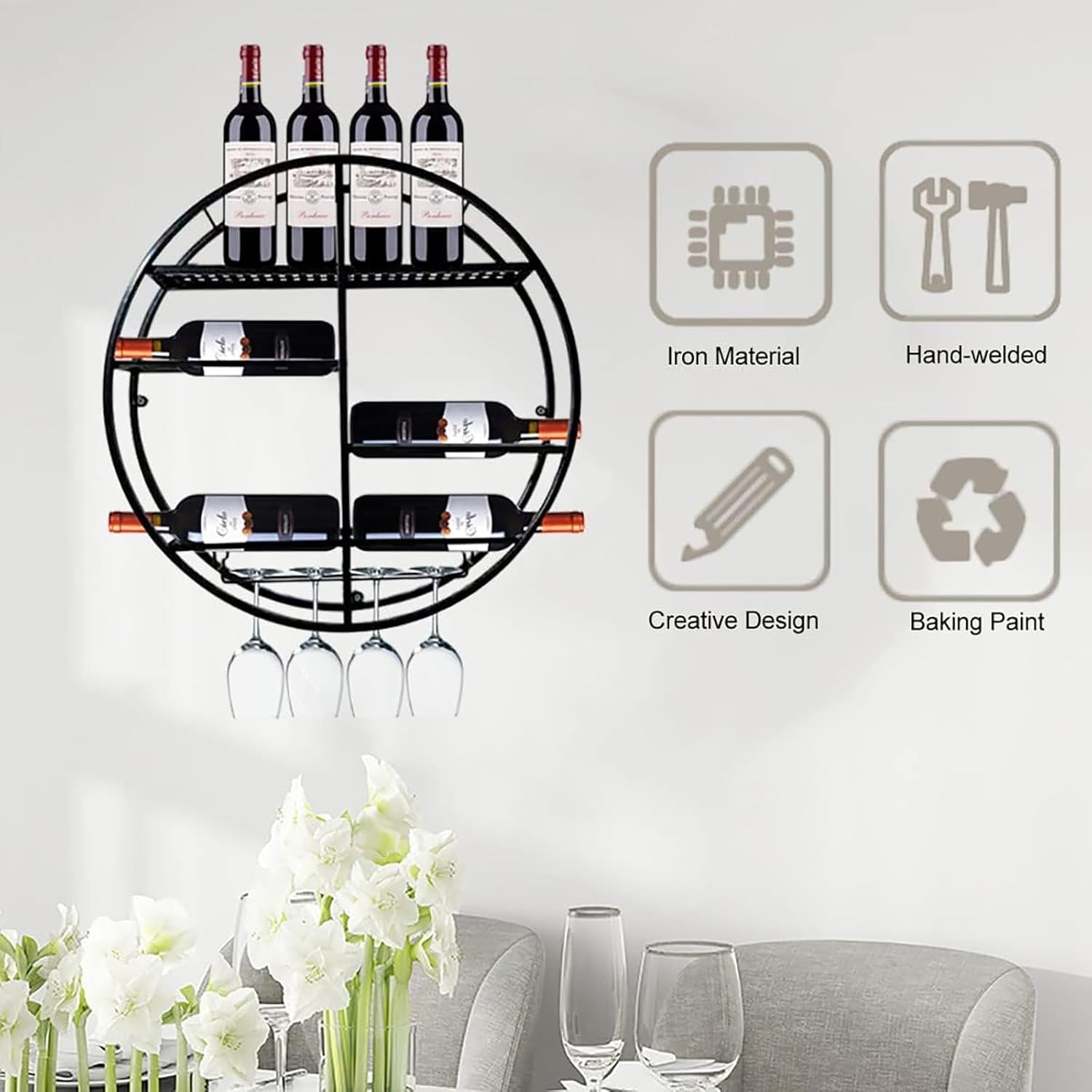 Round Wall Mounted Wine Rack Black and Gold Metal