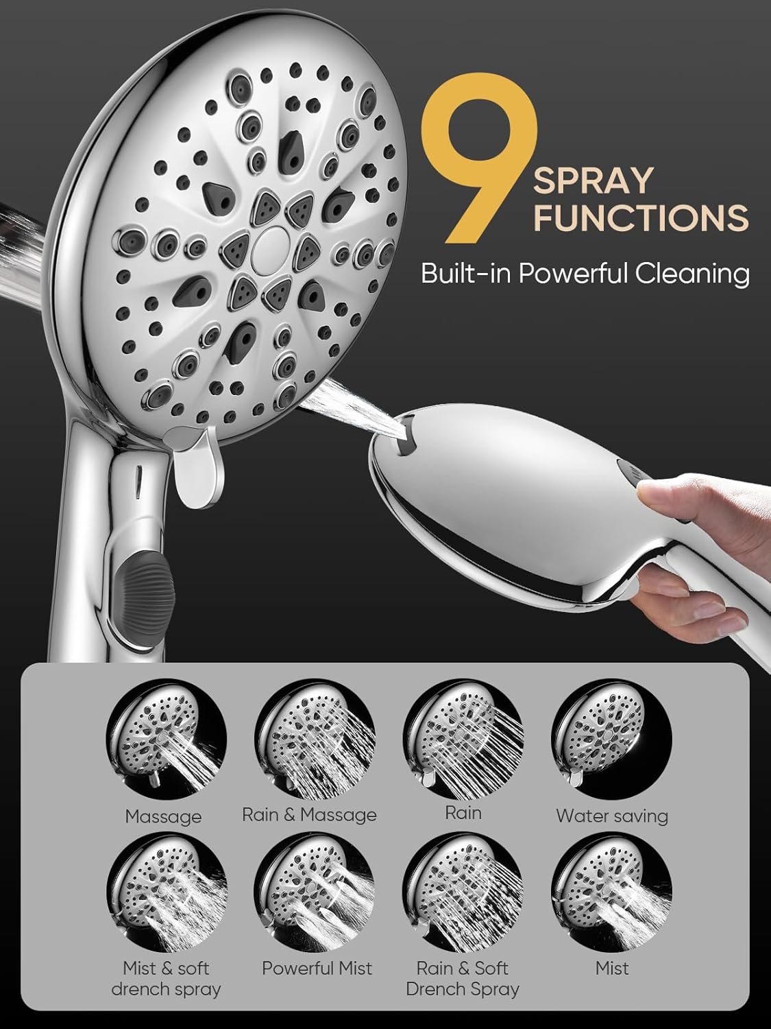 Cobbe 9 Functions Handheld Shower Head with Chrome Finish