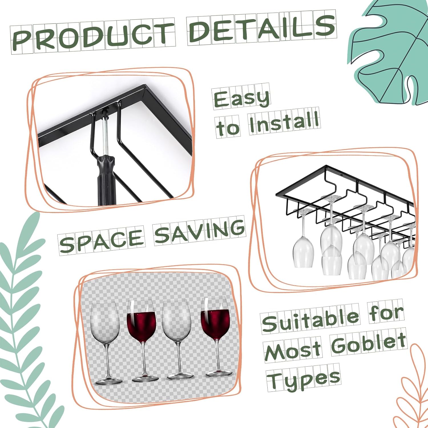 8 Row Wine Glass Rack 315 Inch Cabinet Holder Black