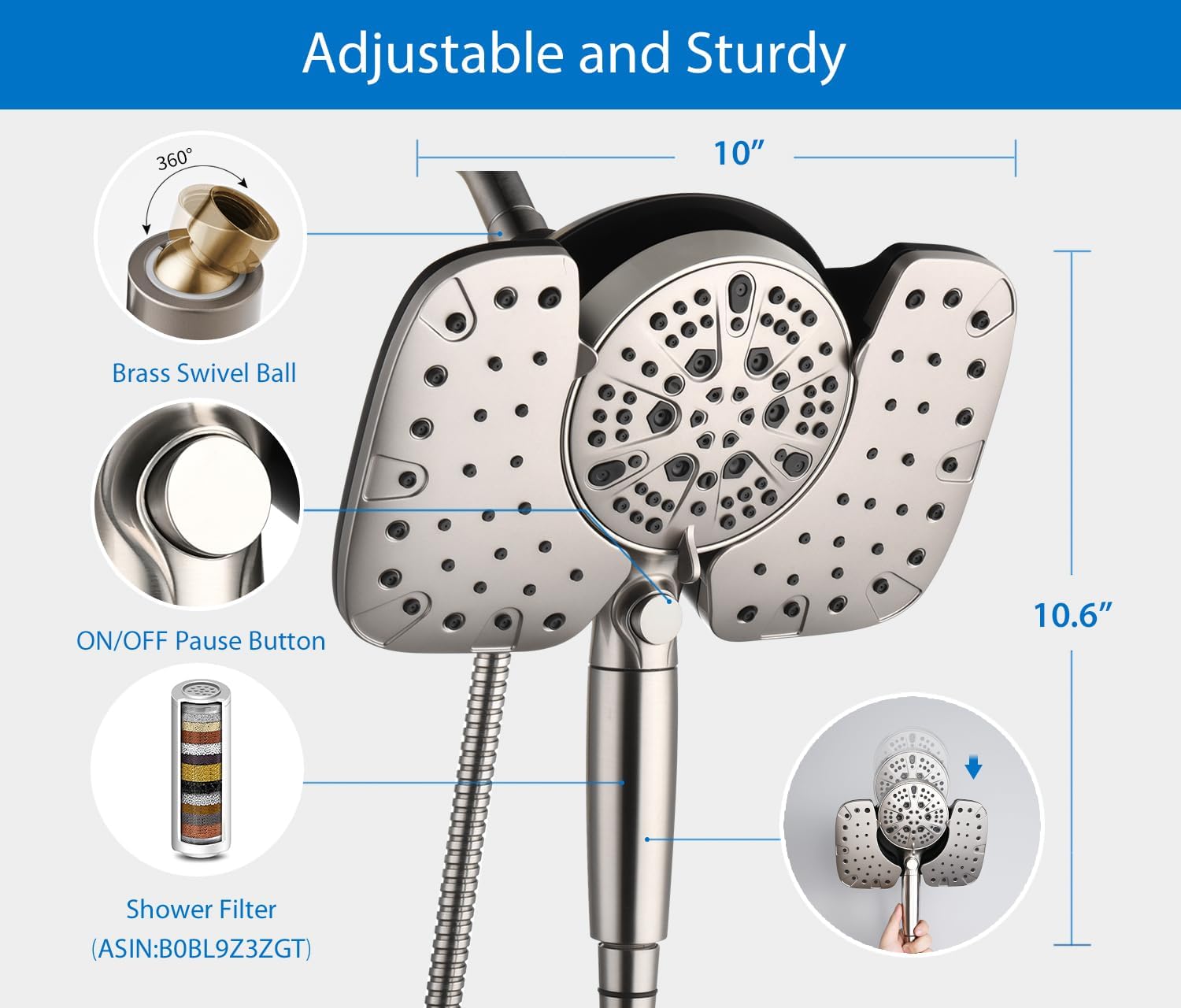 INAVAMZ 25GPM Nickel Shower Head with Handheld and 10 Spray Settings