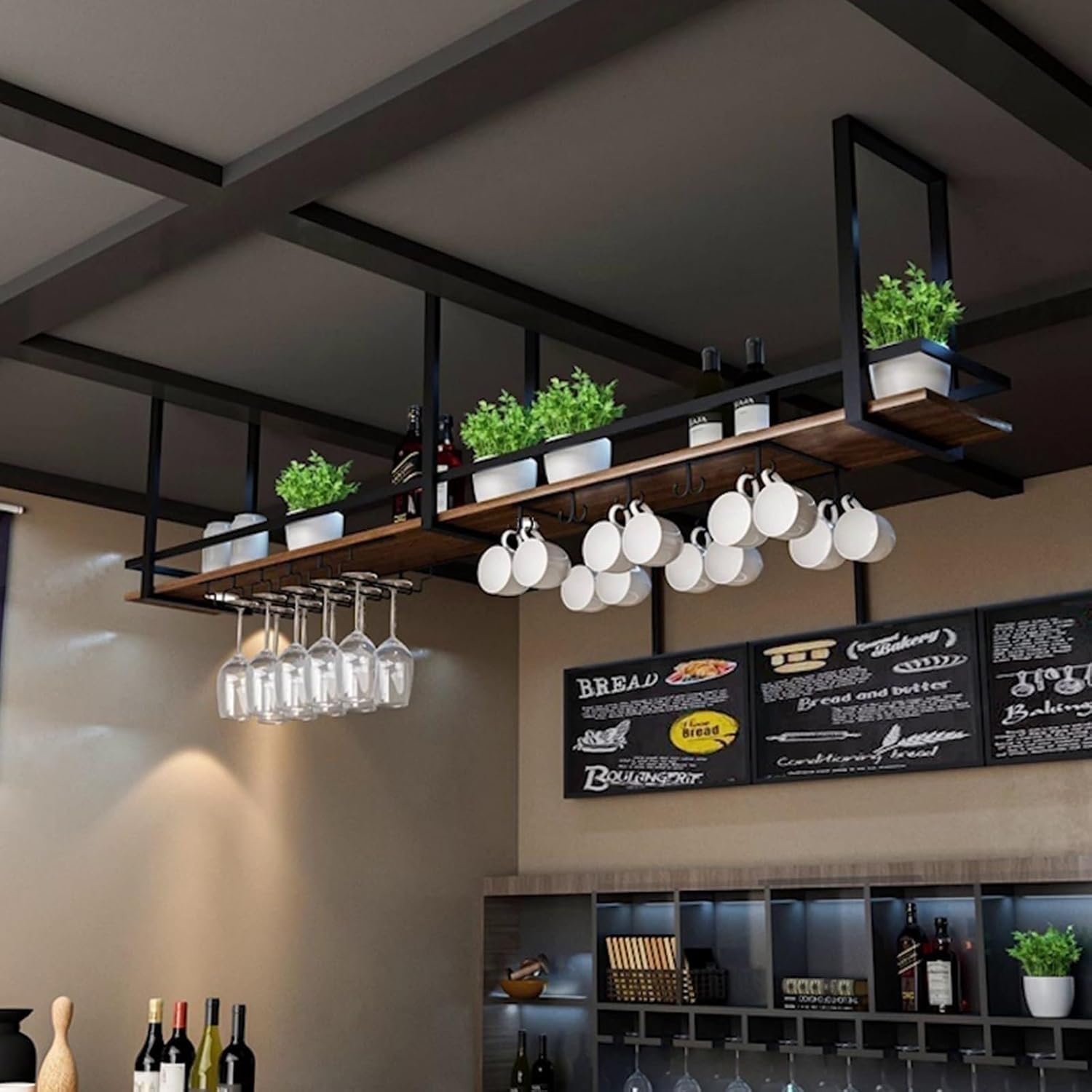 Ceiling Floating Shelves with 2 Tiers Wine Storage Rack