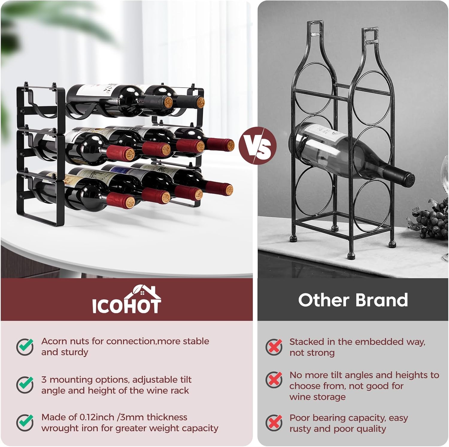 Stackable Wine Rack 3 Tier Freestanding Metal Bottle Holder for Cabinet