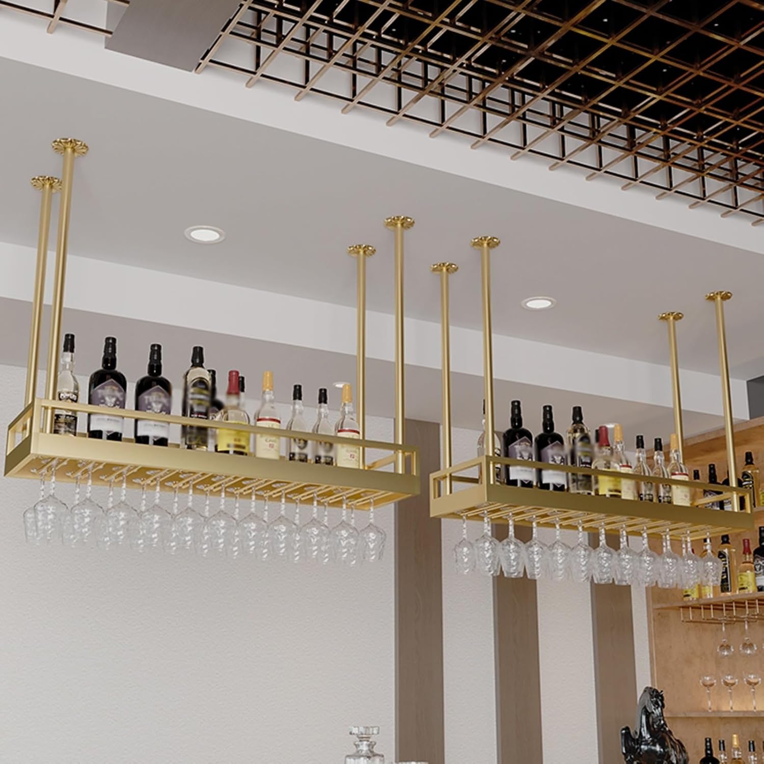 ERICAT Ceiling Wine Rack with Adjustable Poles and Glass Holder