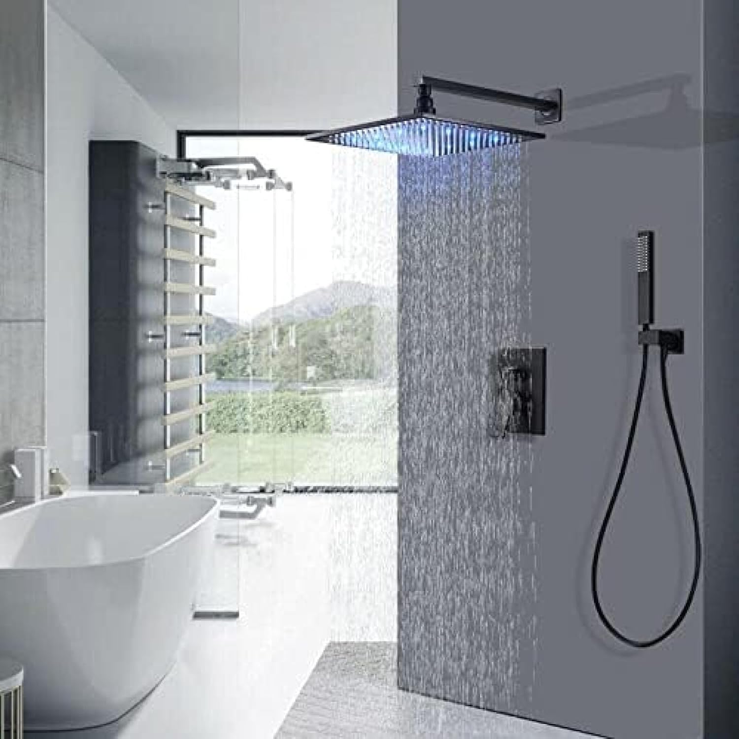 TECKI LED Rainfall Shower Faucet Combination Set with Handheld Sprayer Matte Black