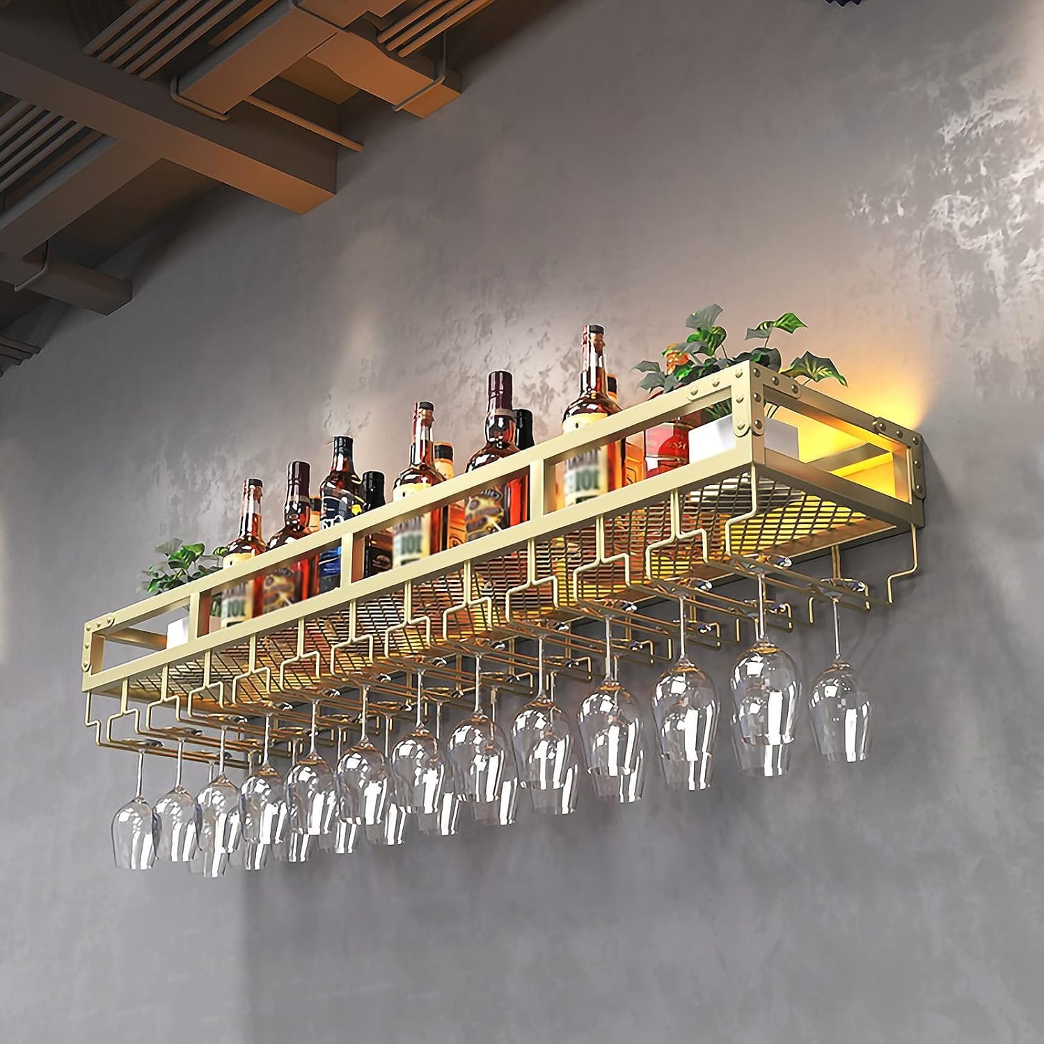 Wall-Mounted Metal Wine Rack with Glass Holder Gold 60x25x14cm