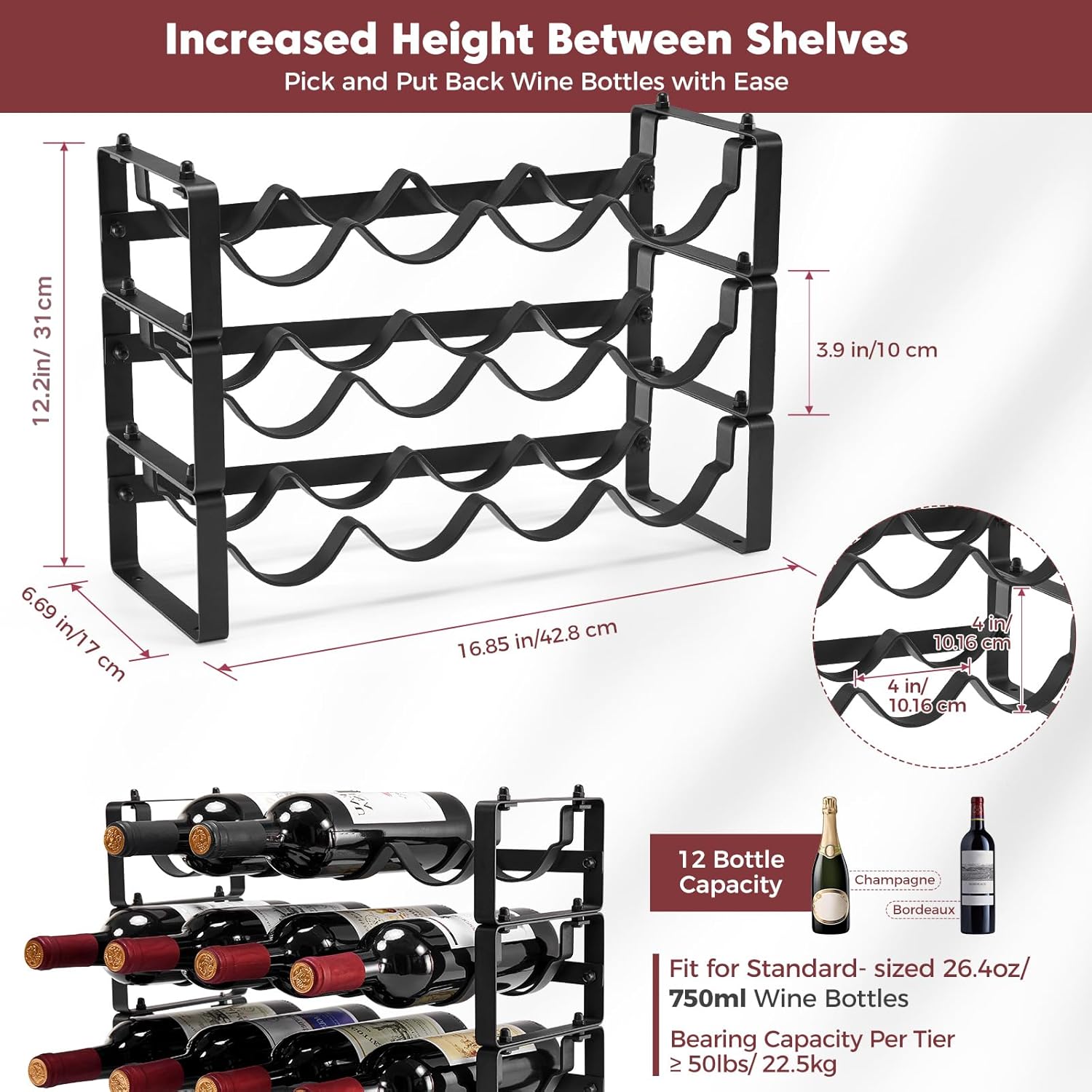 Stackable Wine Rack 3 Tier Freestanding Metal Bottle Holder for Cabinet
