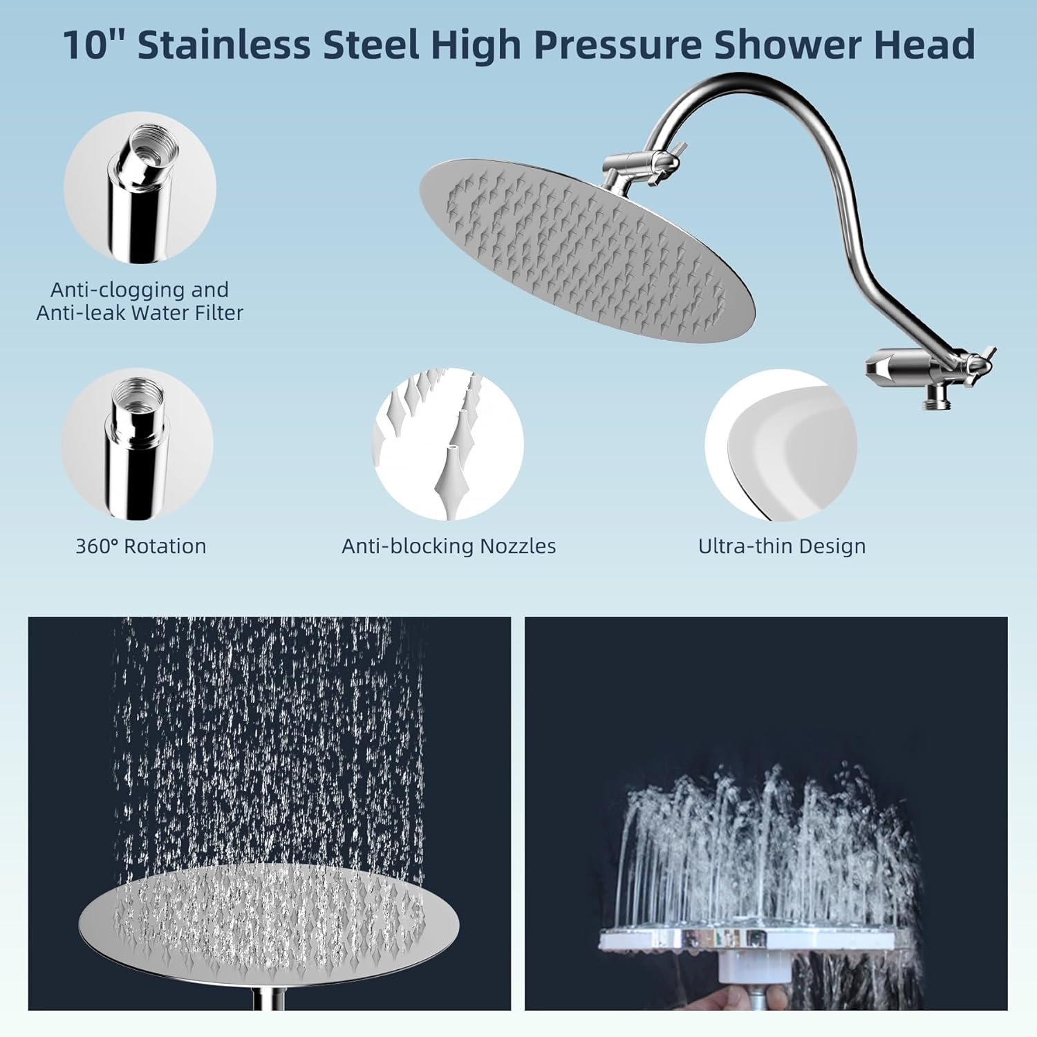 Hibbent All Metal Shower Head Combo with 7 Spray and 12 Arm