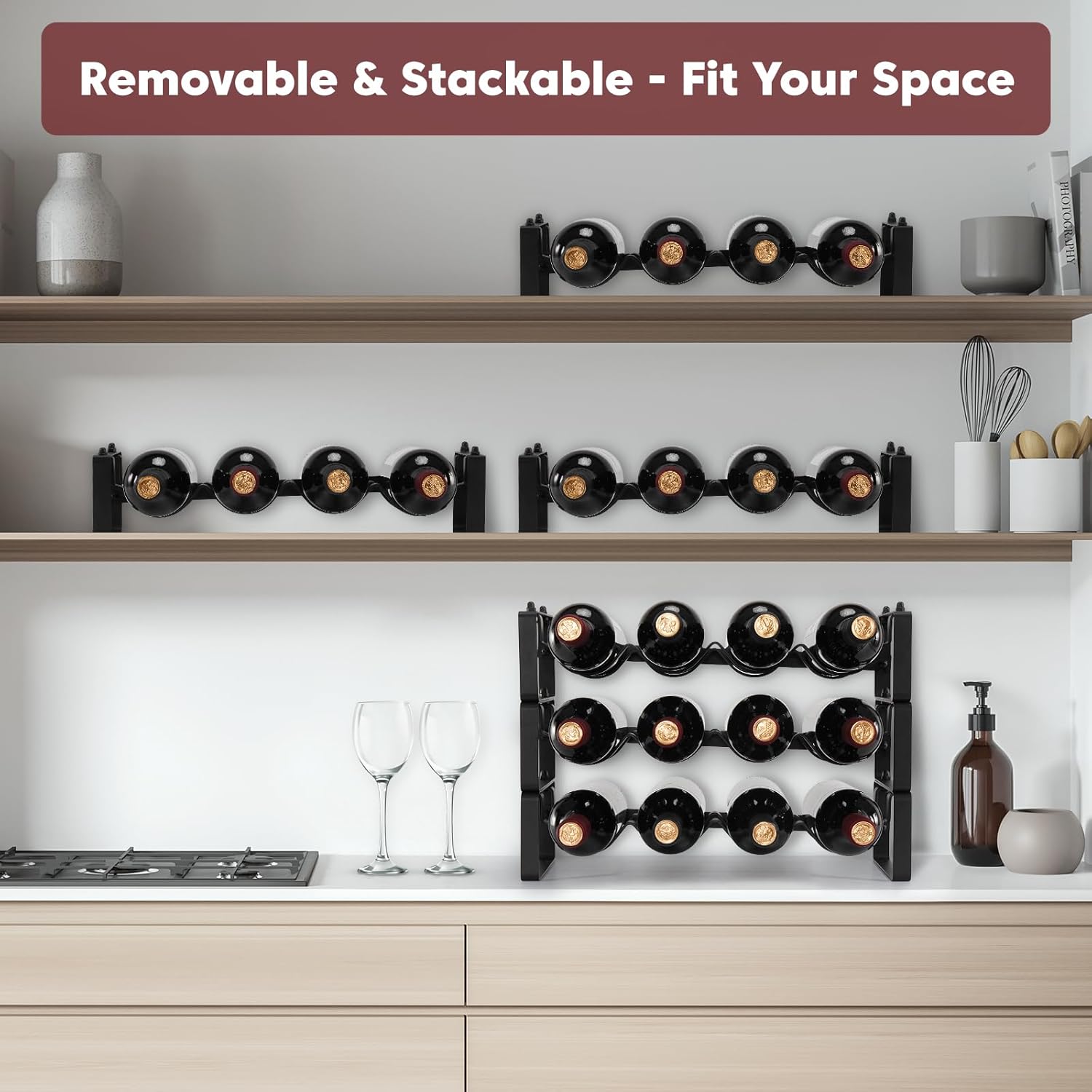 Stackable Wine Rack 3 Tier Freestanding Metal Bottle Holder for Cabinet