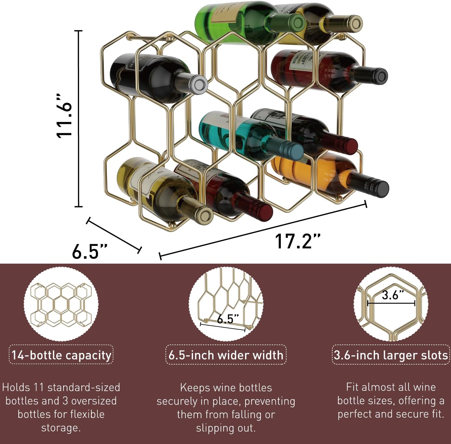 Buruis 14-Bottle Wine Rack with 3 Extra Slots Gold