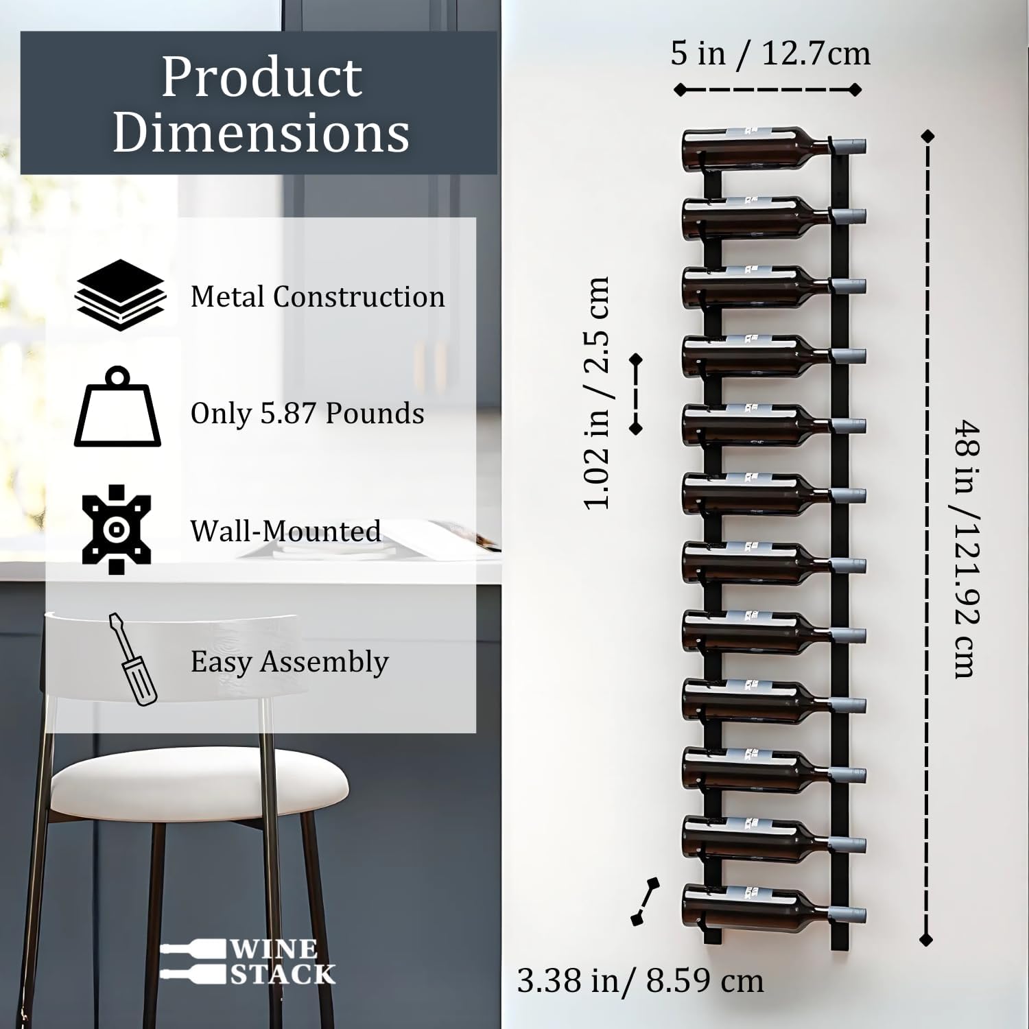 12-Bottle Black Metal Wall Wine Rack Modern Industrial Style