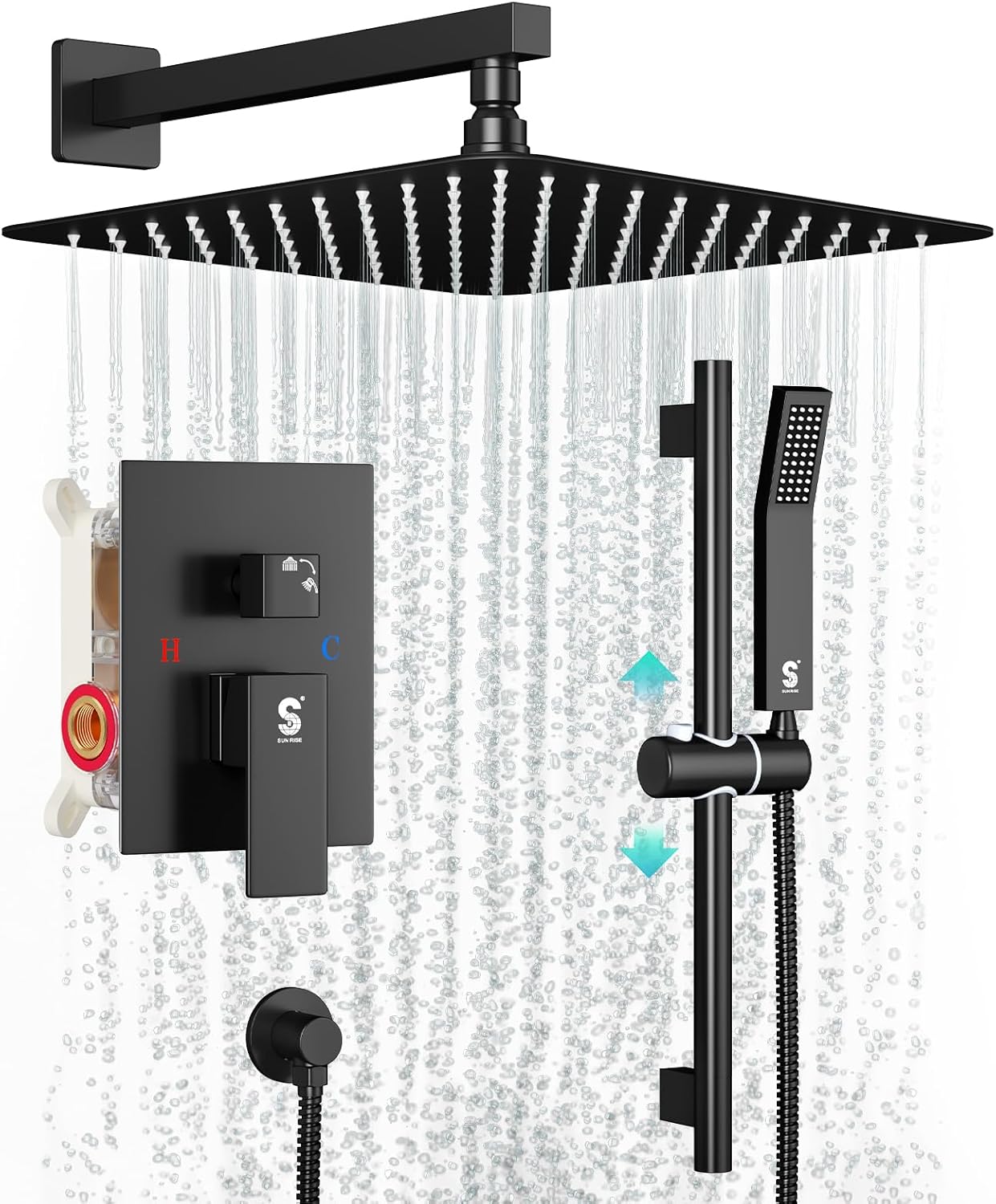 SR SUN RISE 10 Inch Slide Bar Shower Combo Set Matte Black