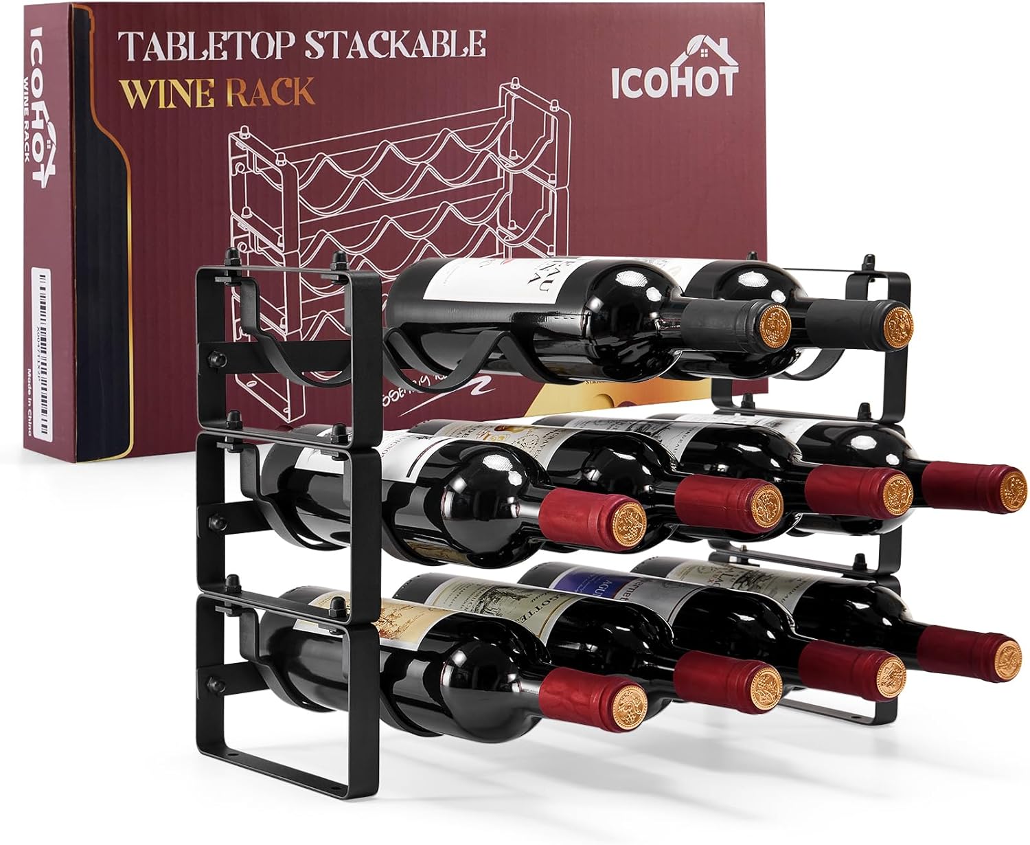 Stackable Wine Rack 3 Tier Freestanding Metal Bottle Holder for Cabinet