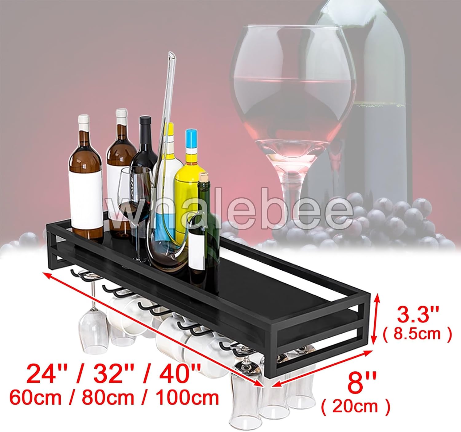 Whalebee Wall Mounted Wine Glass Rack 5 Rows Black