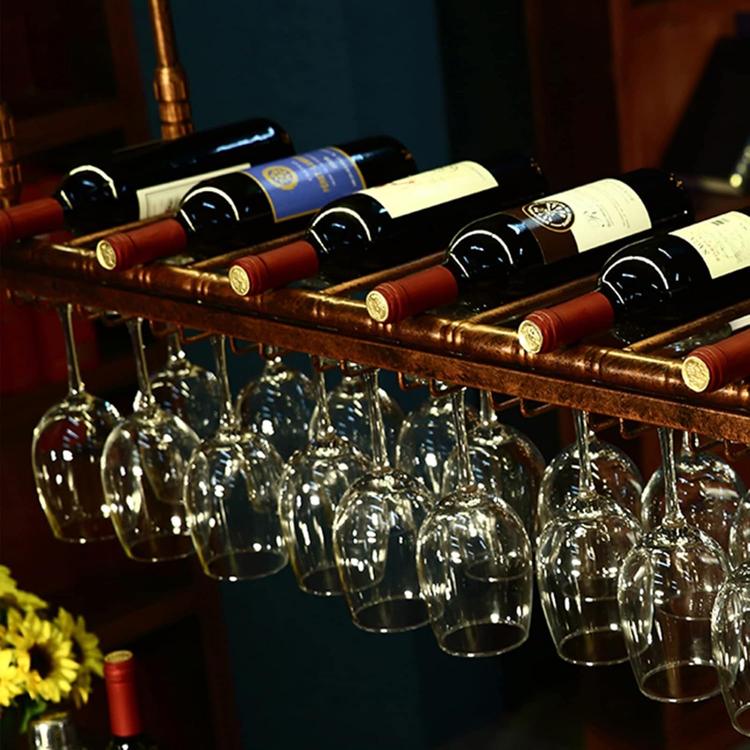 Ceiling Hanging Bar Wine Rack with Glass Holder