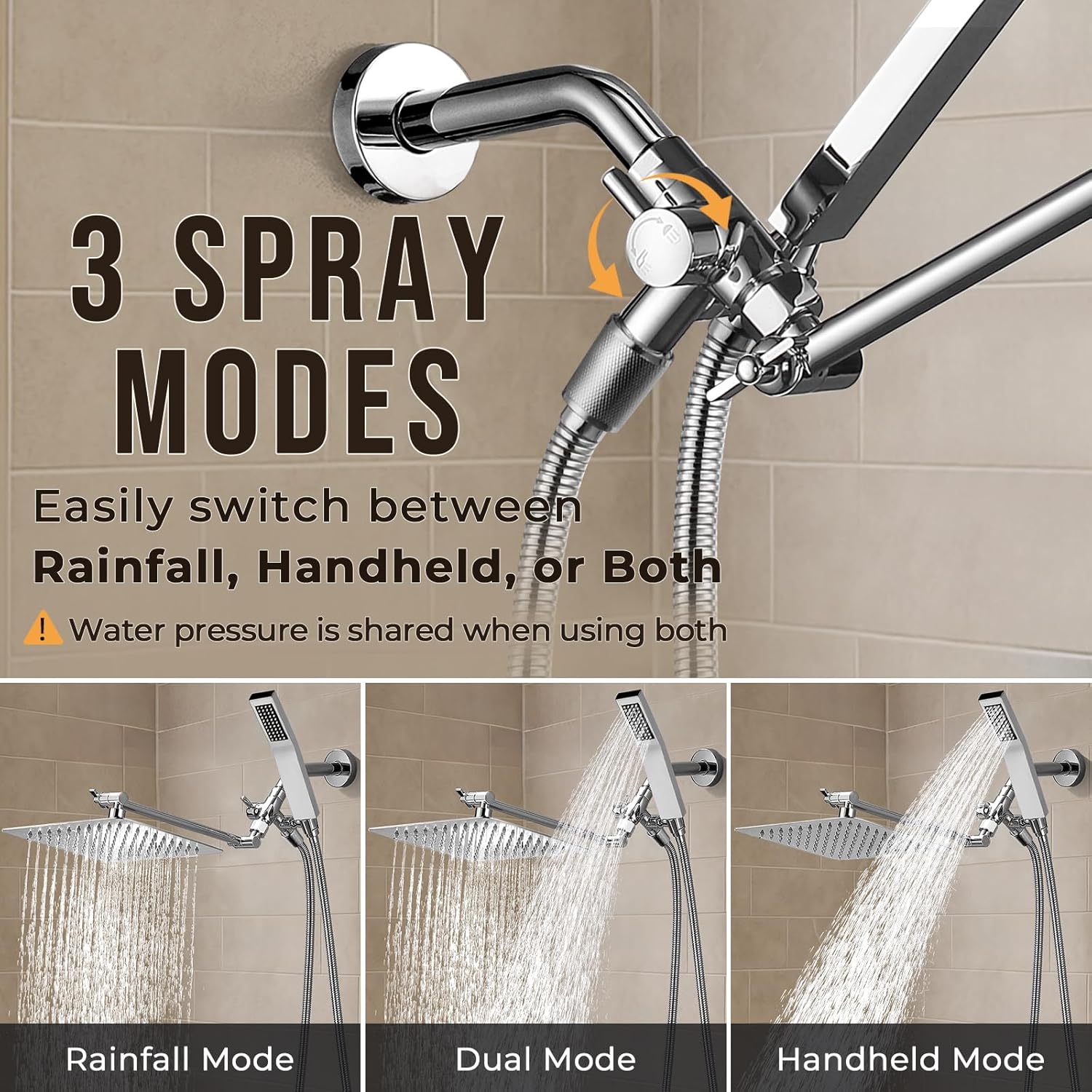G-Promise 8 Inch Dual Square Shower Head with Handheld Combo - Chrome