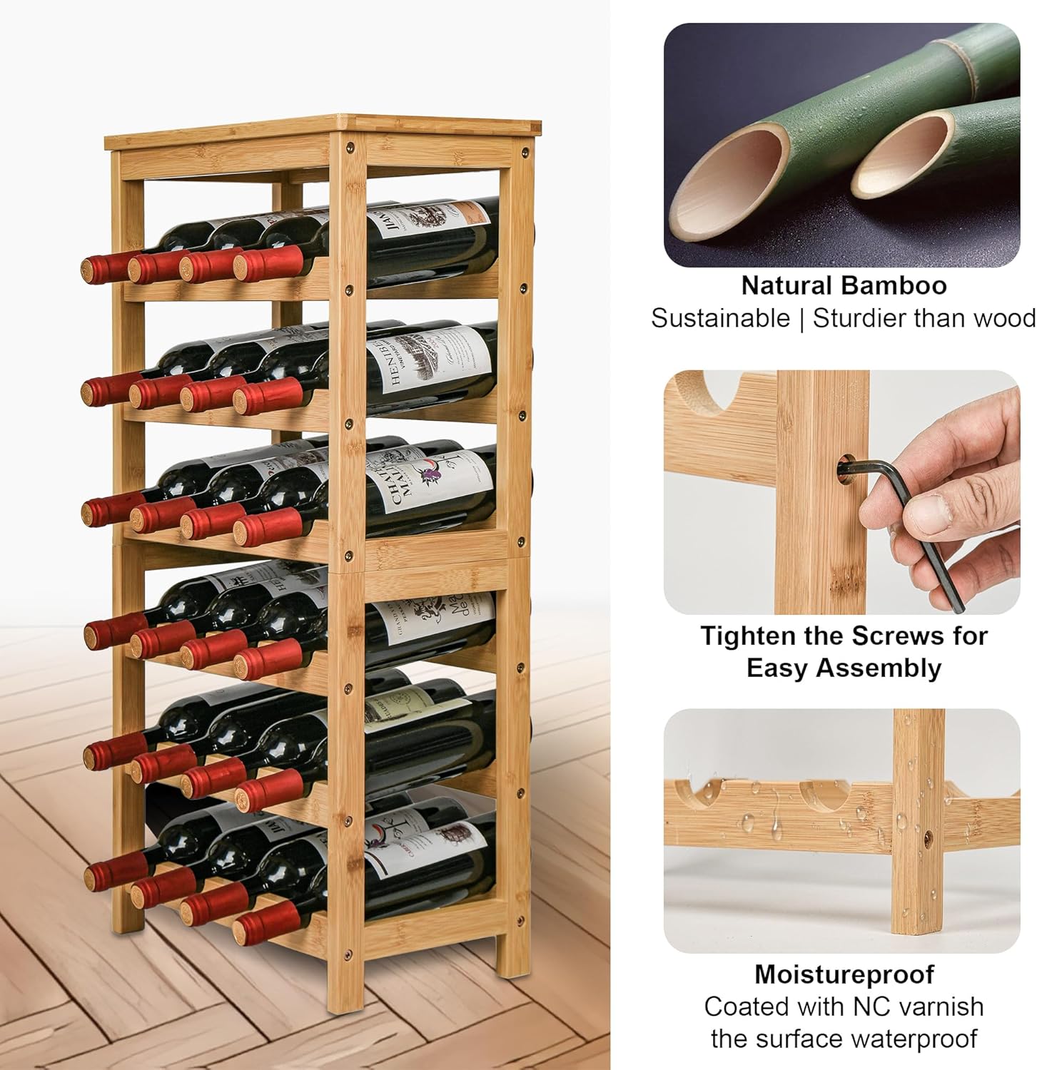 VASMIA 6-Tier Bamboo Wine Rack for 24 Bottles