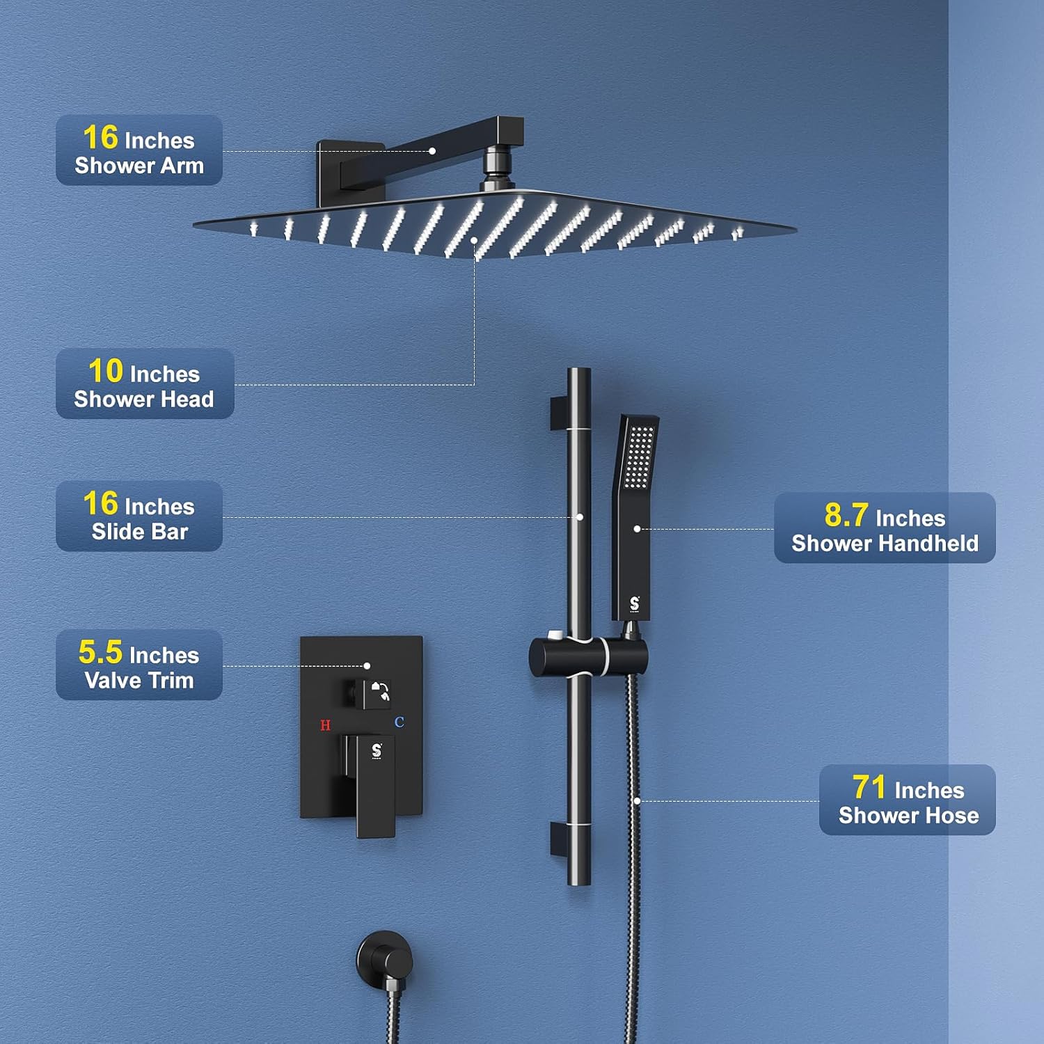 SR SUN RISE 10 Inch Slide Bar Shower Combo Set Matte Black