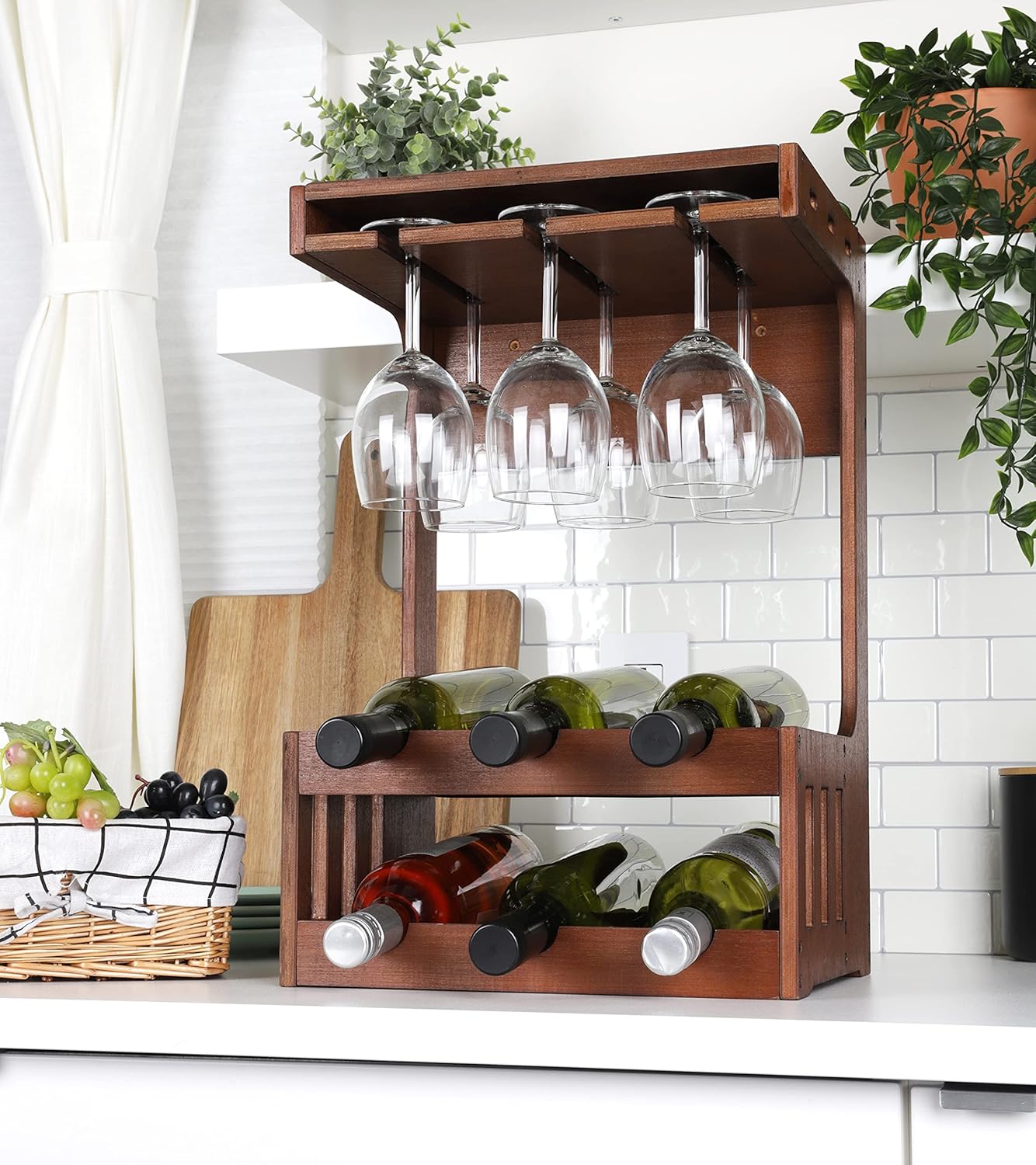 Mind Reader Wall-Mounted Wine Rack with Glasses 6-Bottle Capacity Brown