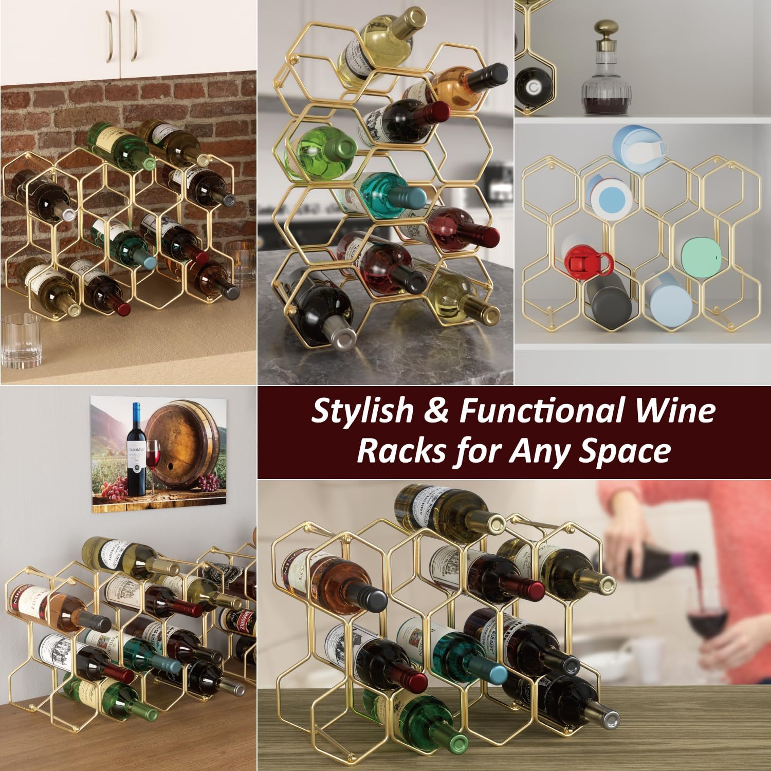 Buruis 14-Bottle Wine Rack with 3 Extra Slots Gold