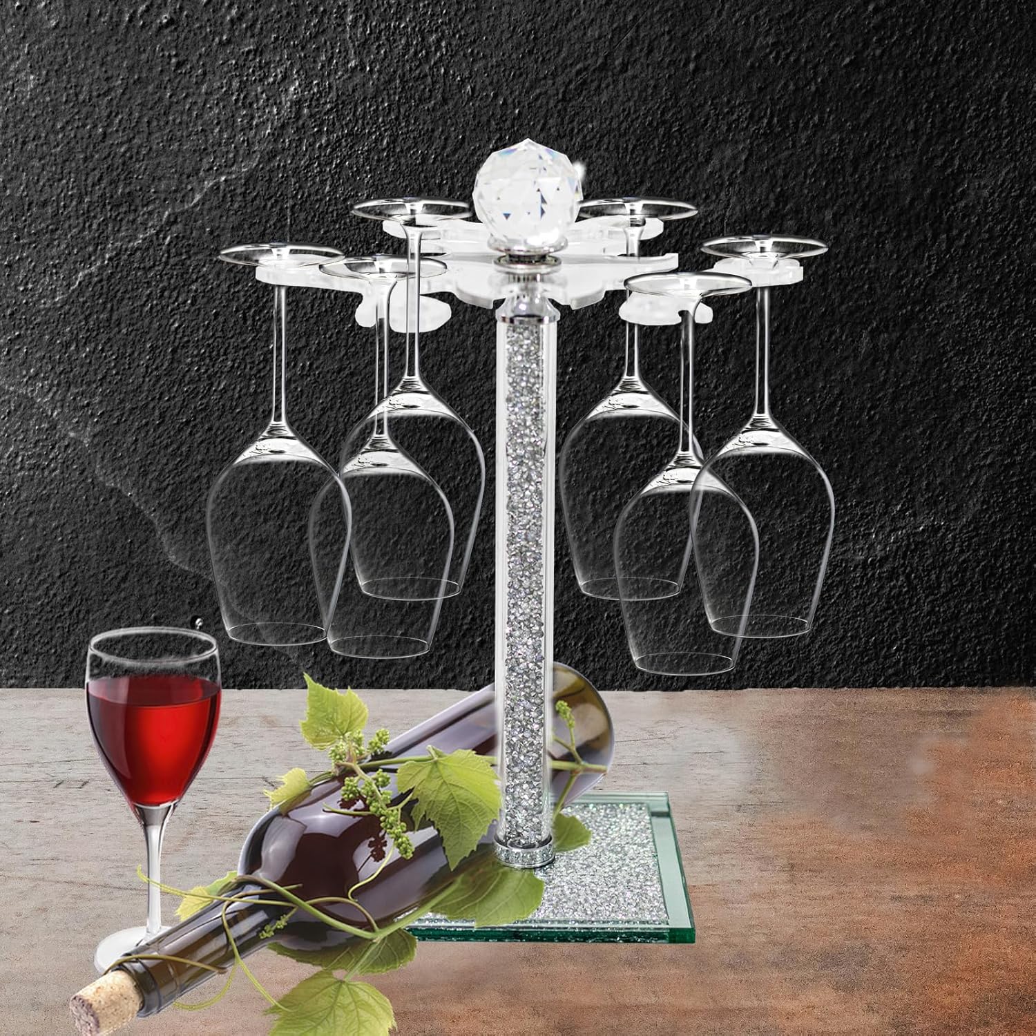 Crystal Wine Glass Holder with 6 Hooks and Crushed Diamonds