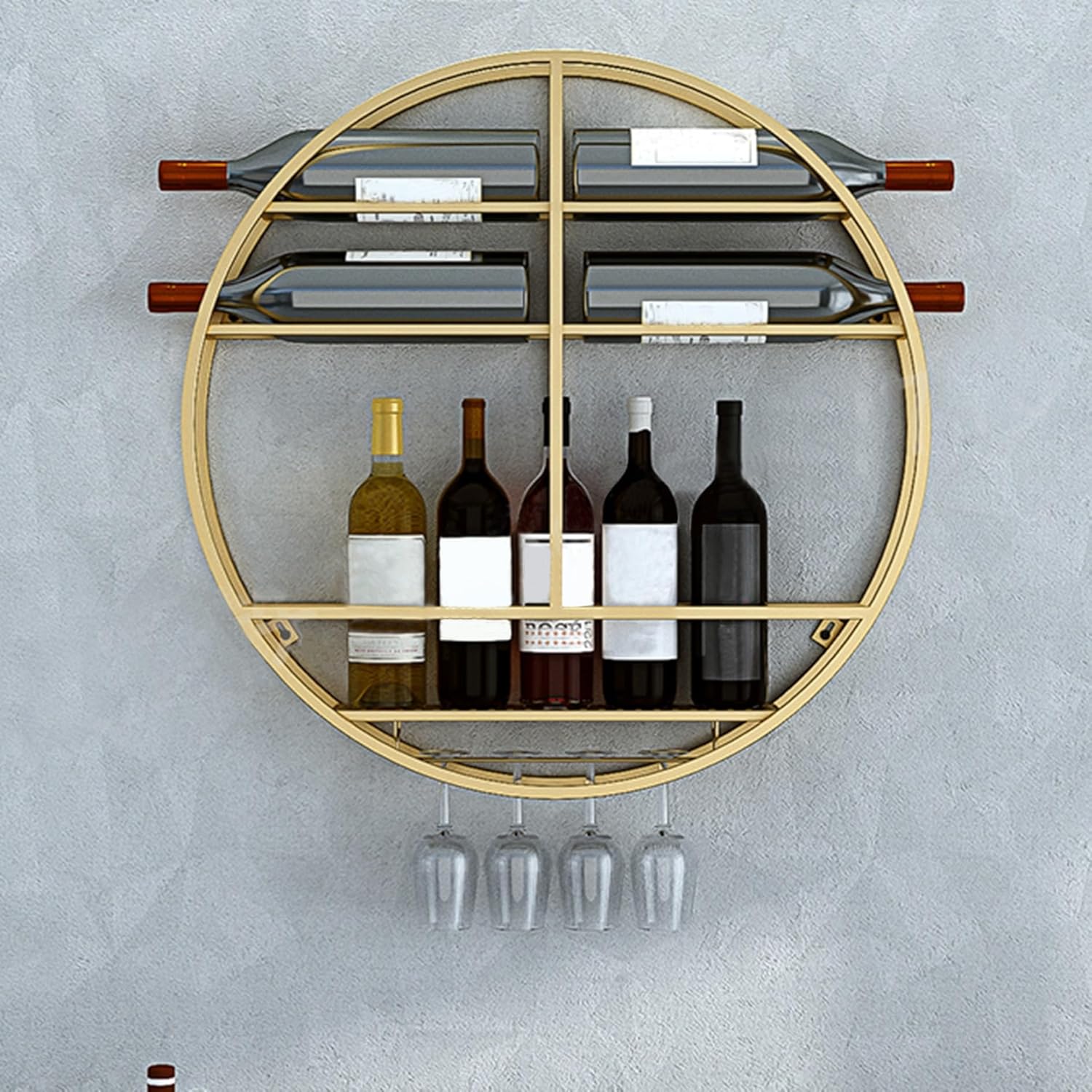 MeyeLo Wall-Mounted Round Wine Rack with Glass Holder 1