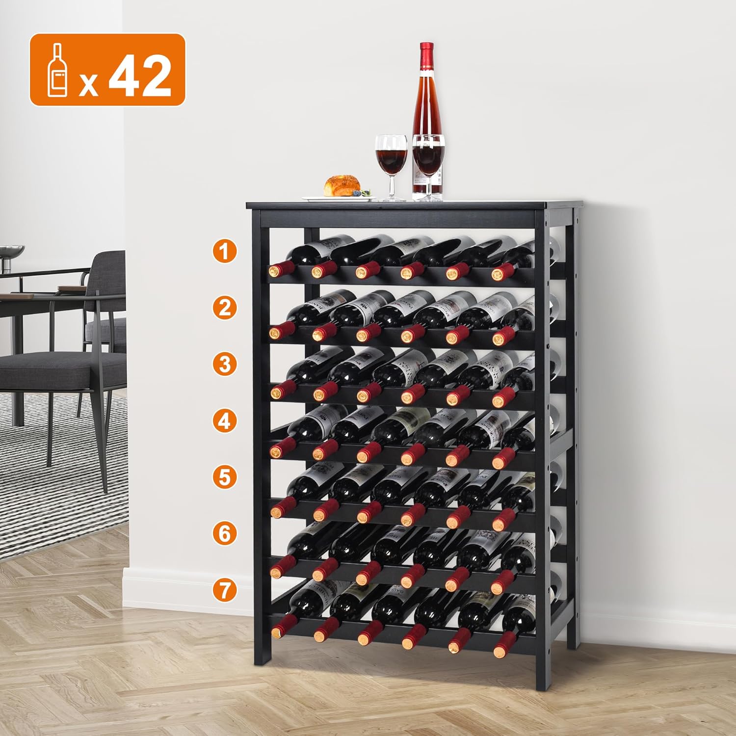 VASMIA 42 Bottles Bamboo Wine Rack 7-Tier Freestanding Floor