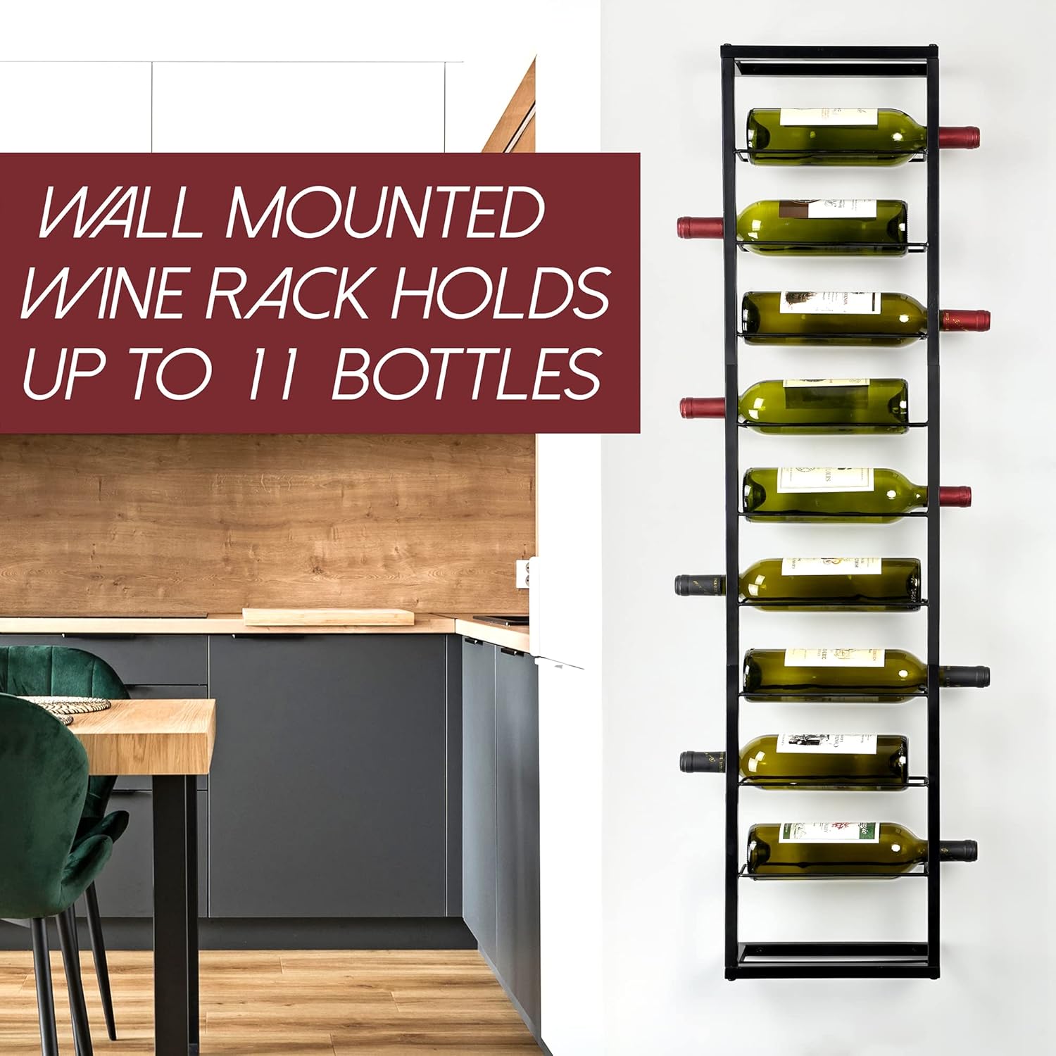 AQAREA Wall Mounted Wine Rack - 10 Bottle Metal Holder Black