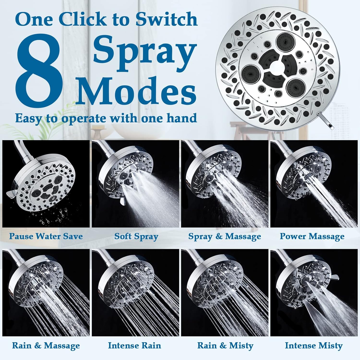 Aiscsc 8 Spray Modes Shower Head with 62 Nozzles
