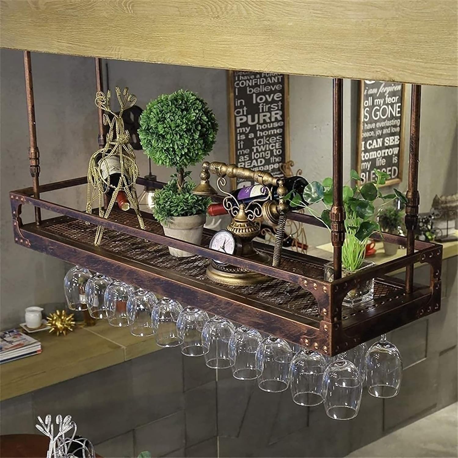 Adjustable Ceiling Wine Rack Holder Black Metal Wall-Mounted