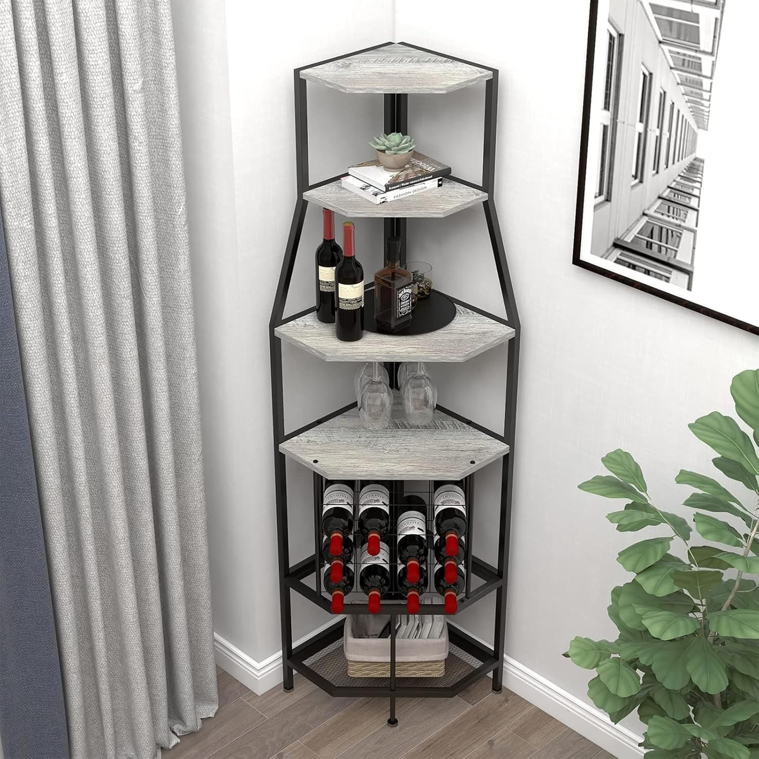5-Tier Corner Wine Rack with Glass Holders Grey