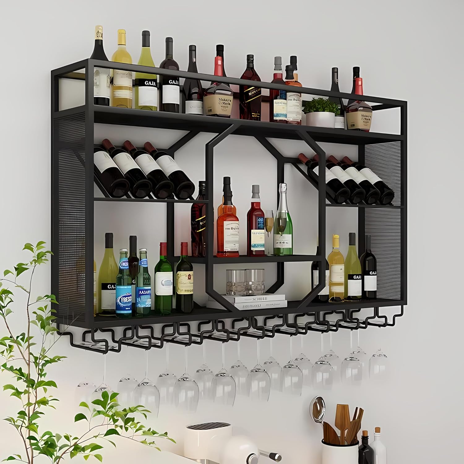 RAJYQODIS 4724in Wall-Mounted Wine Rack with Glass Holder