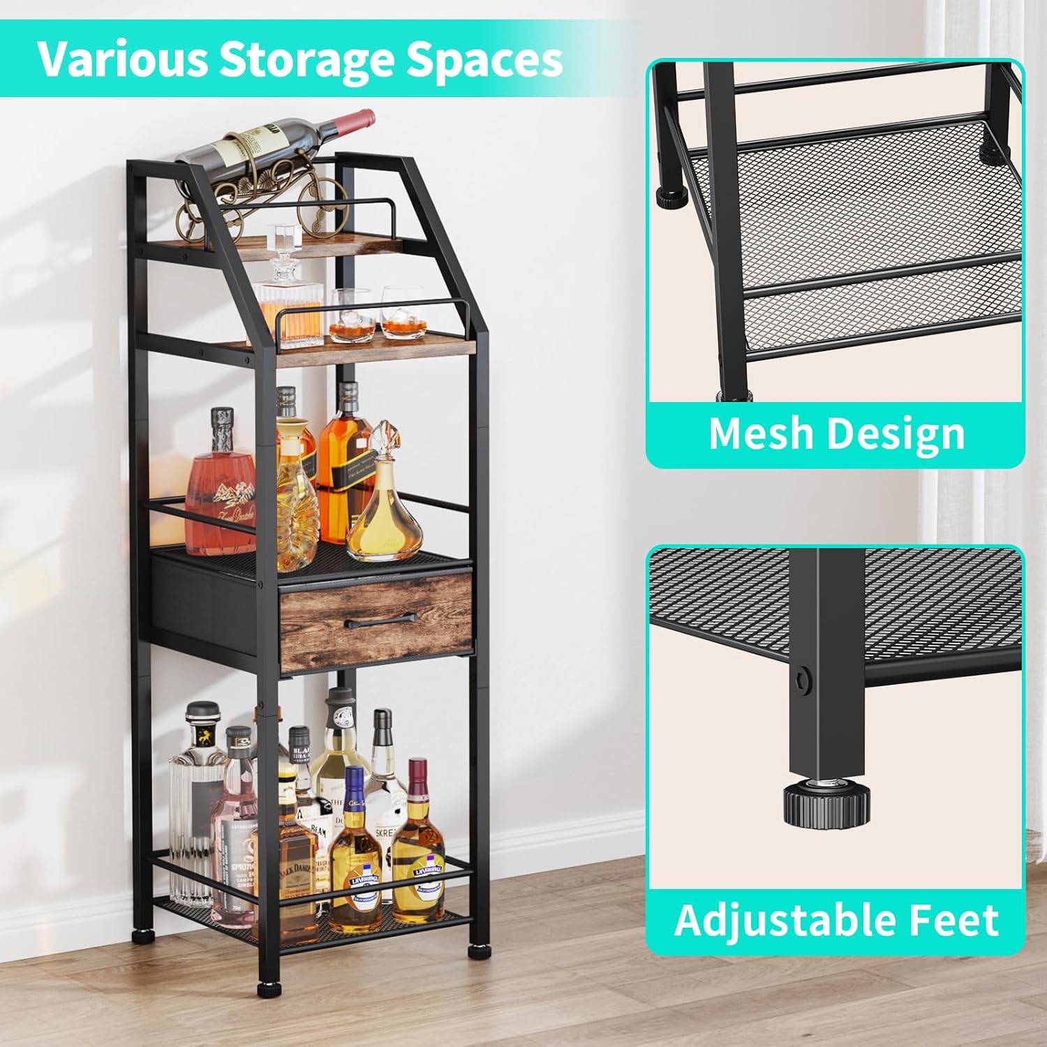 HapiRm 4-Tier Freestanding Wine Rack with Fabric Drawer