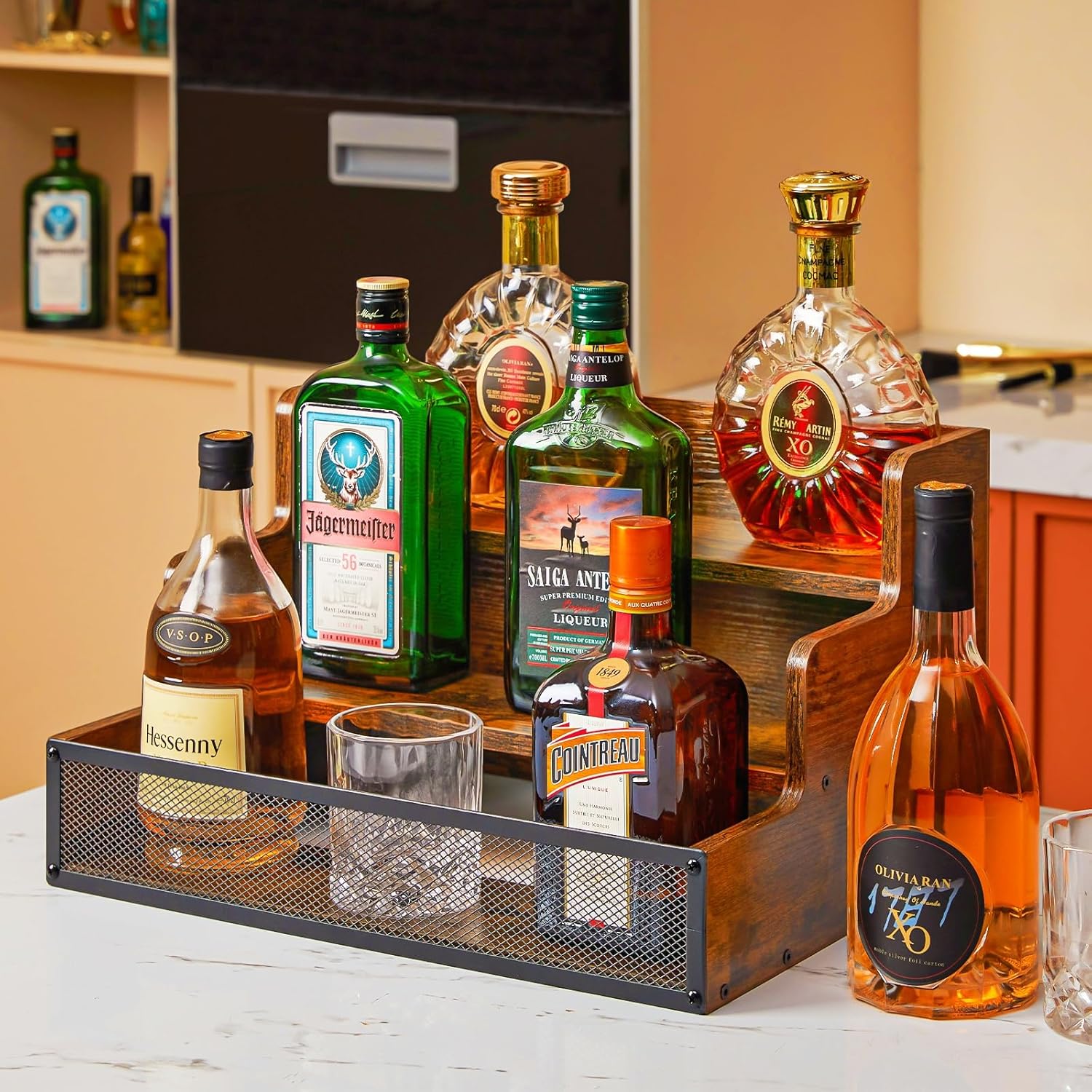 3 Step Wooden Liquor Display Shelf with Fences
