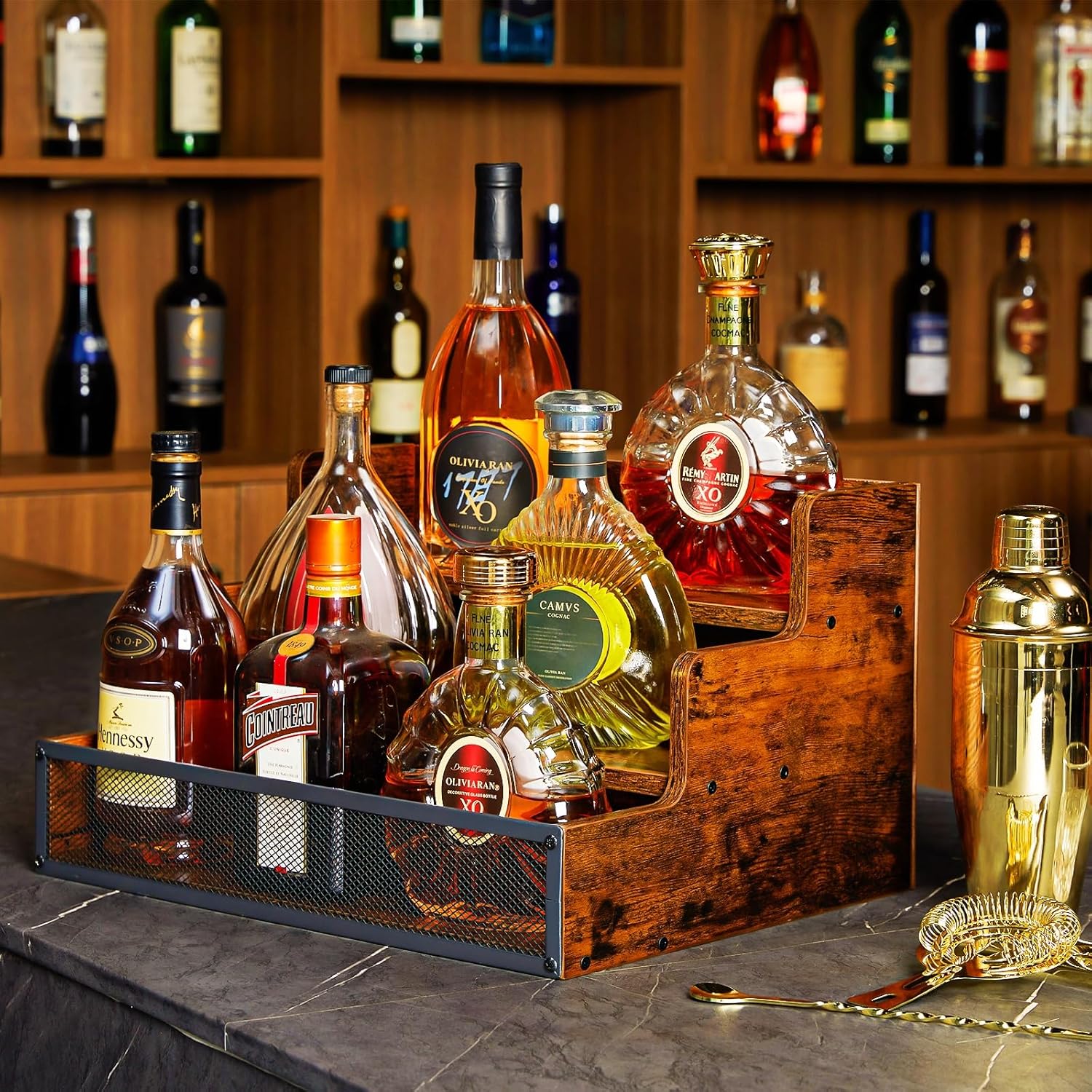 3 Step Wooden Liquor Display Shelf with Fences