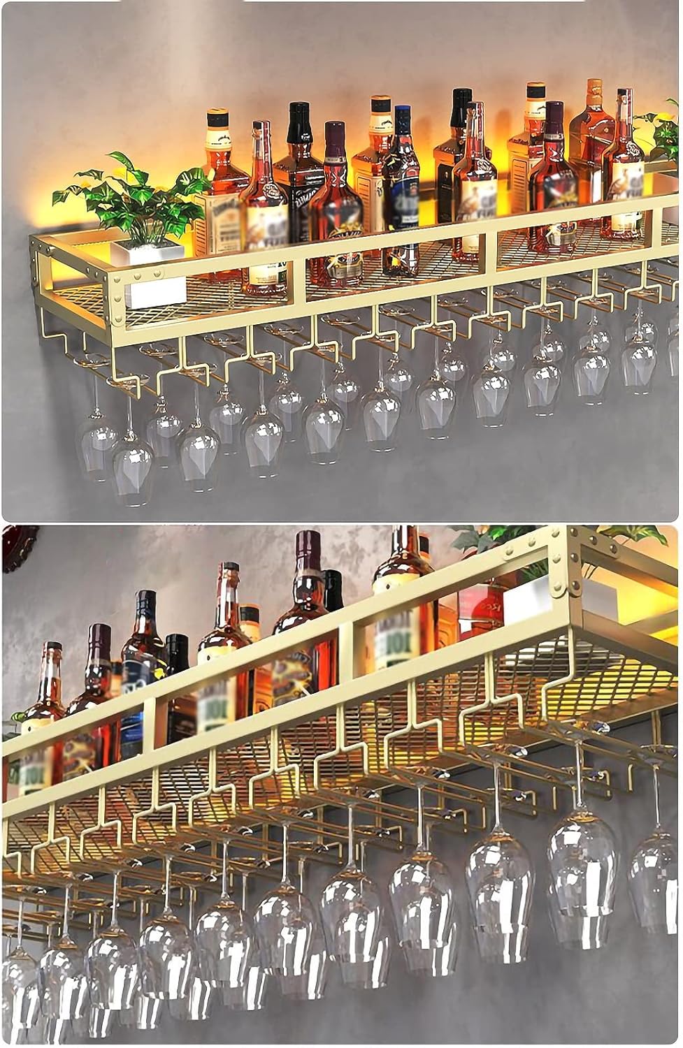Wall-Mounted Metal Wine Rack with Glass Holder Gold 60x25x14cm