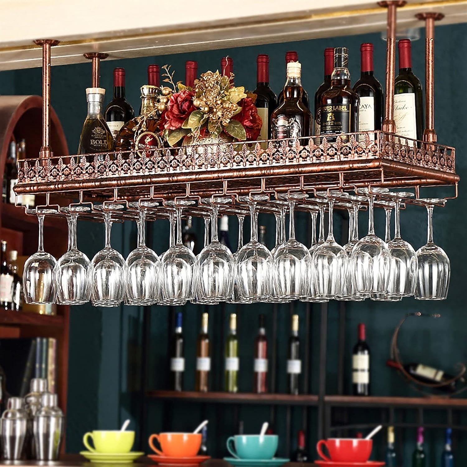 Adjustable Wall-Mounted Wine Rack Iron Metal Ceiling Holder for Home Bar