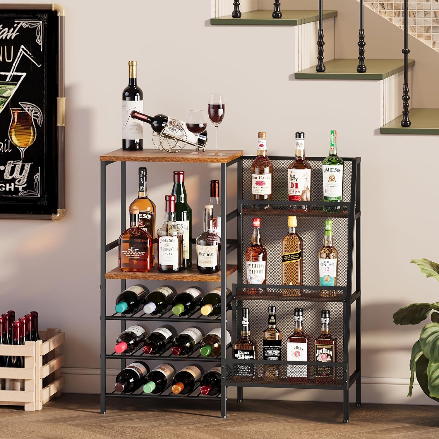 Hayexiha Freestanding 3-Tier Liquor Wine Cabinet with Fences