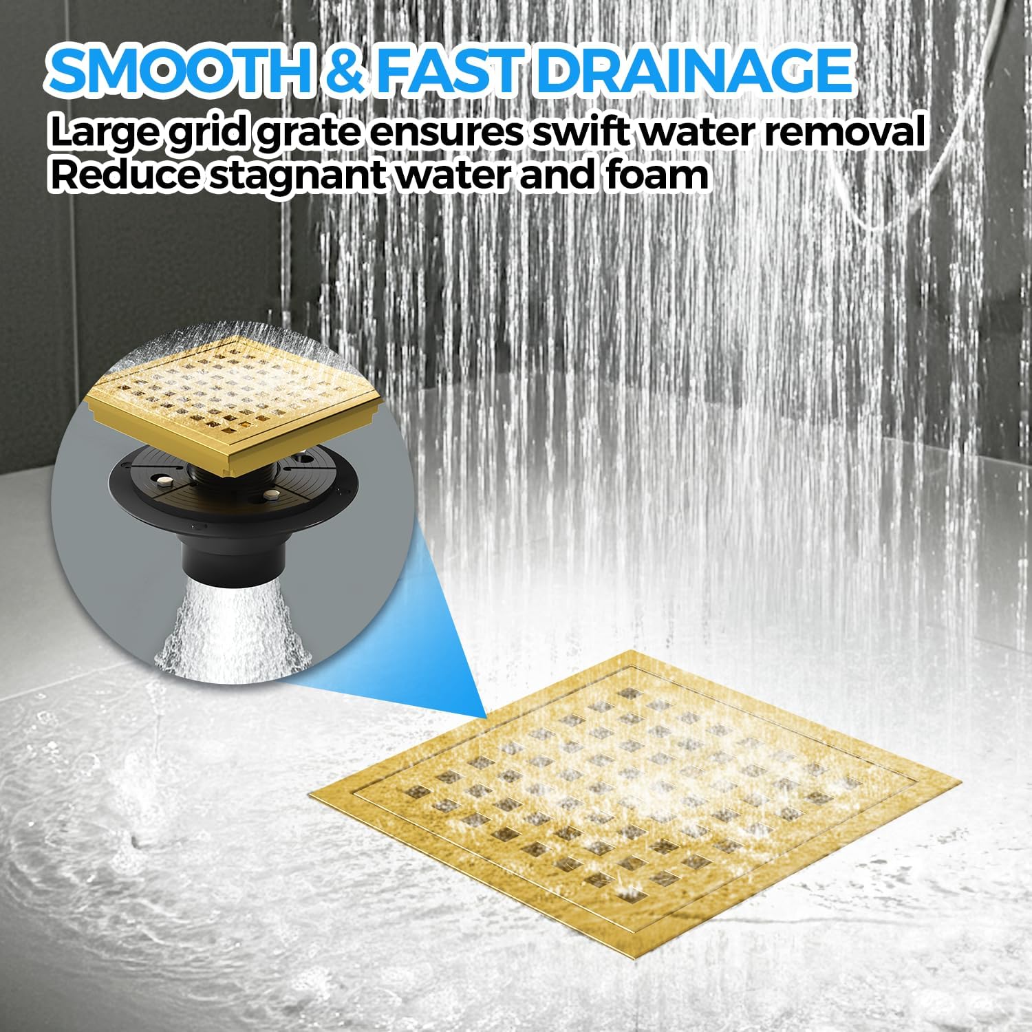 Zaa 6 Inch Square Shower Drain with Flange and Hair Strainer