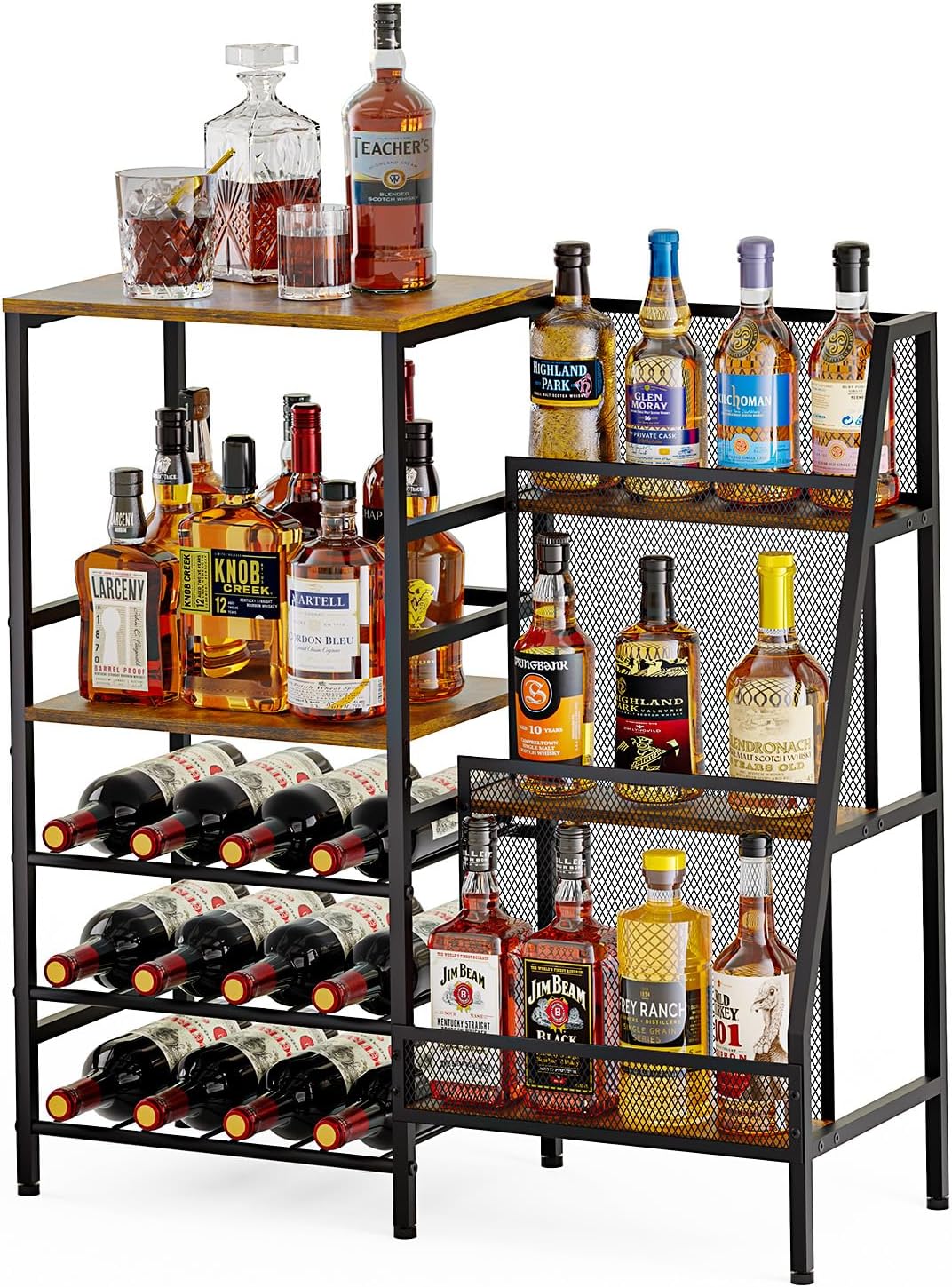 Hayexiha Freestanding 3-Tier Liquor Wine Cabinet with Fences