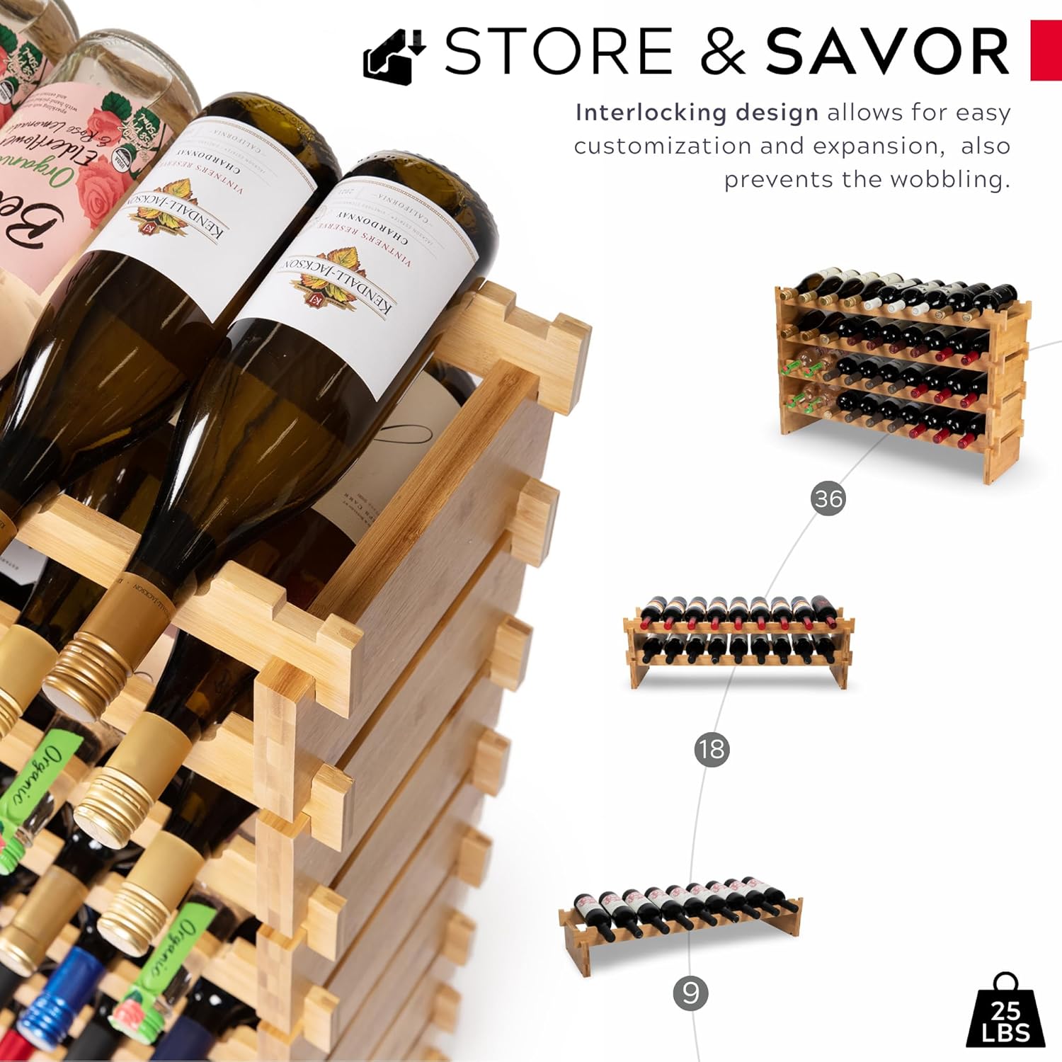 DECOMIL 8-Tier Bamboo Wine Rack 72 Bottle Capacity