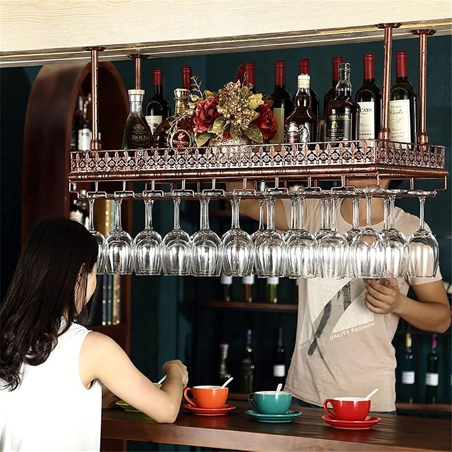 Adjustable Wall-Mounted Wine Rack Iron Metal Ceiling Holder for Home Bar