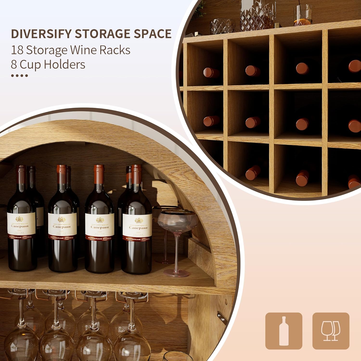 71 Oak Wine Bar Cabinet with Door and Glass Holder