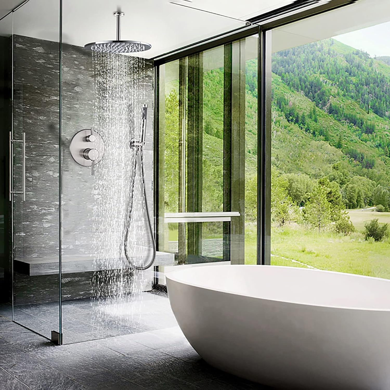 Chrome Shower Fixtures System with Rain and Handheld Shower