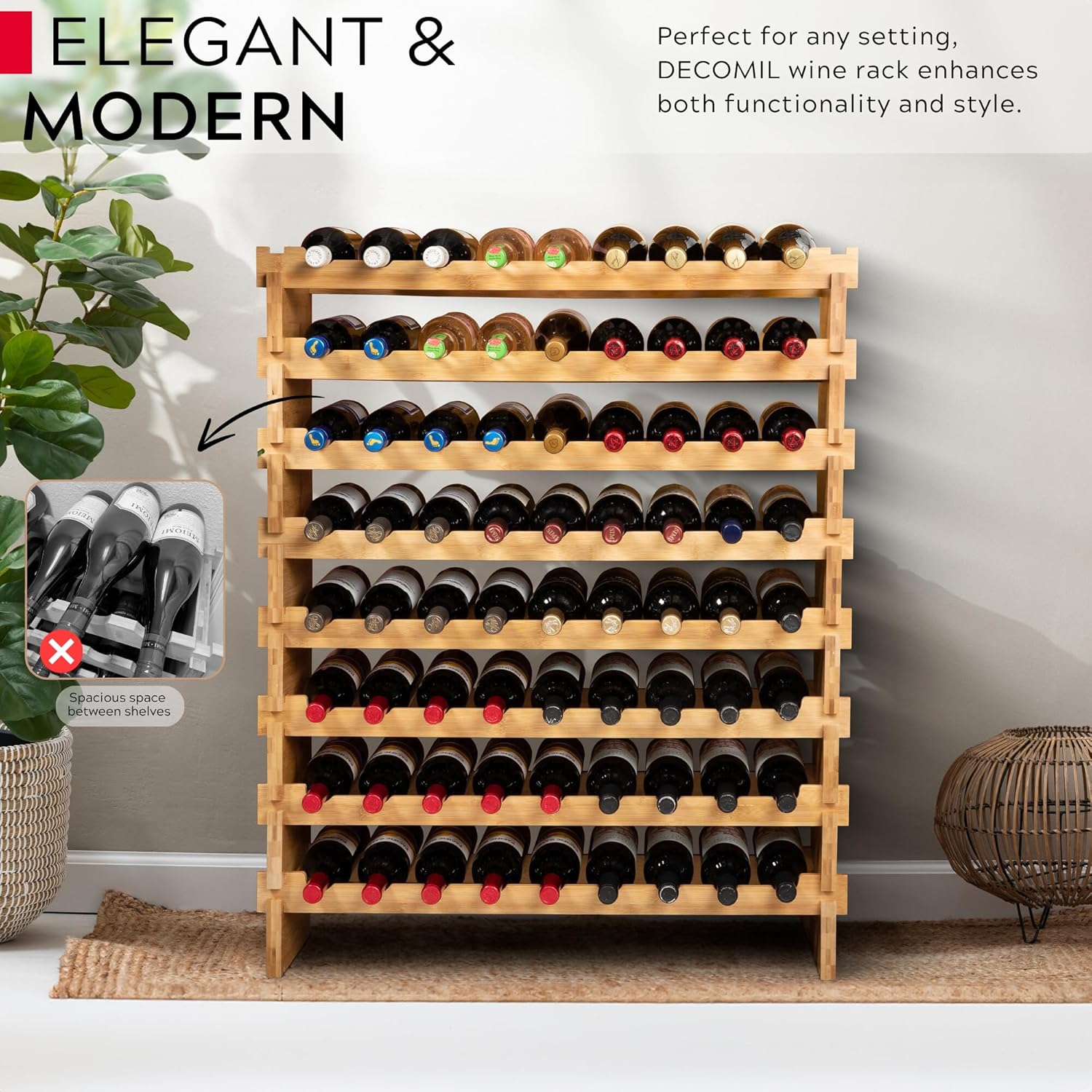 DECOMIL 8-Tier Bamboo Wine Rack 72 Bottle Capacity