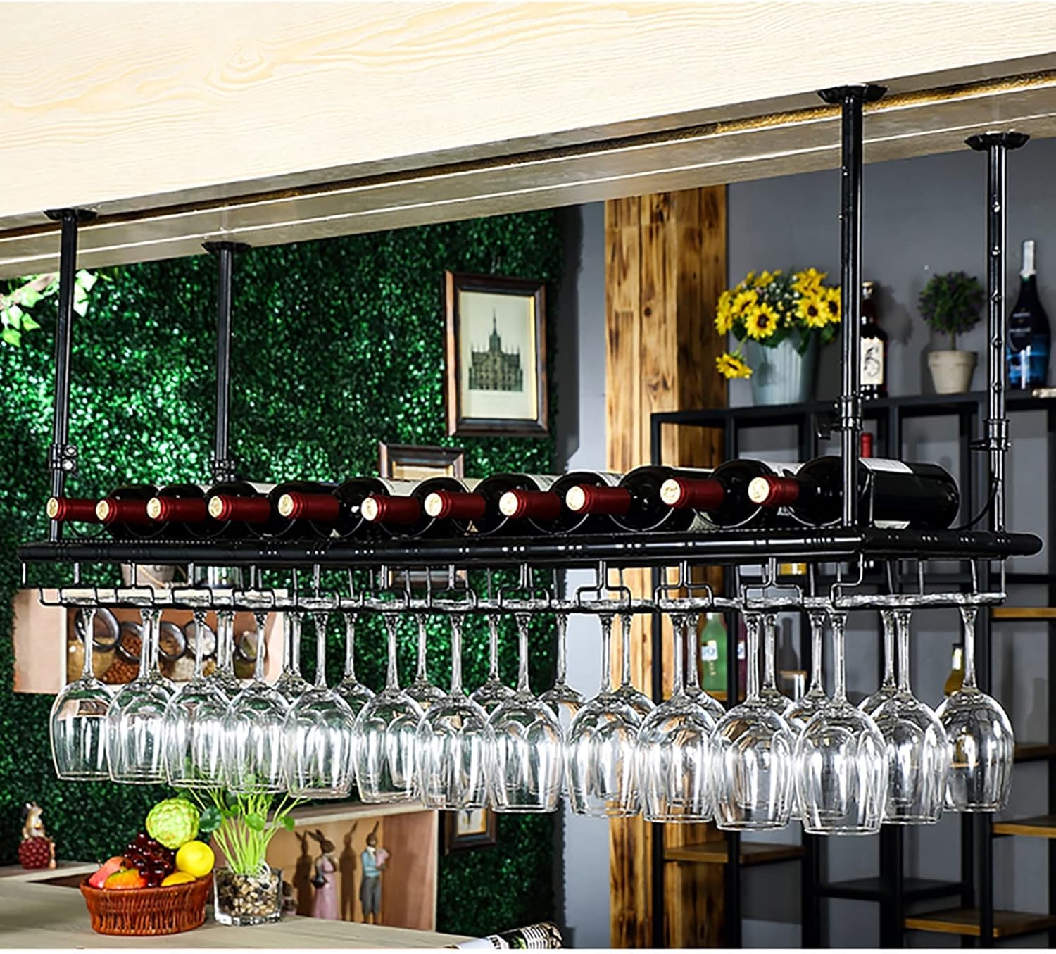 ZJDYDY Wall-Mounted Wine Rack with Bottle Holder Black 60x35cm
