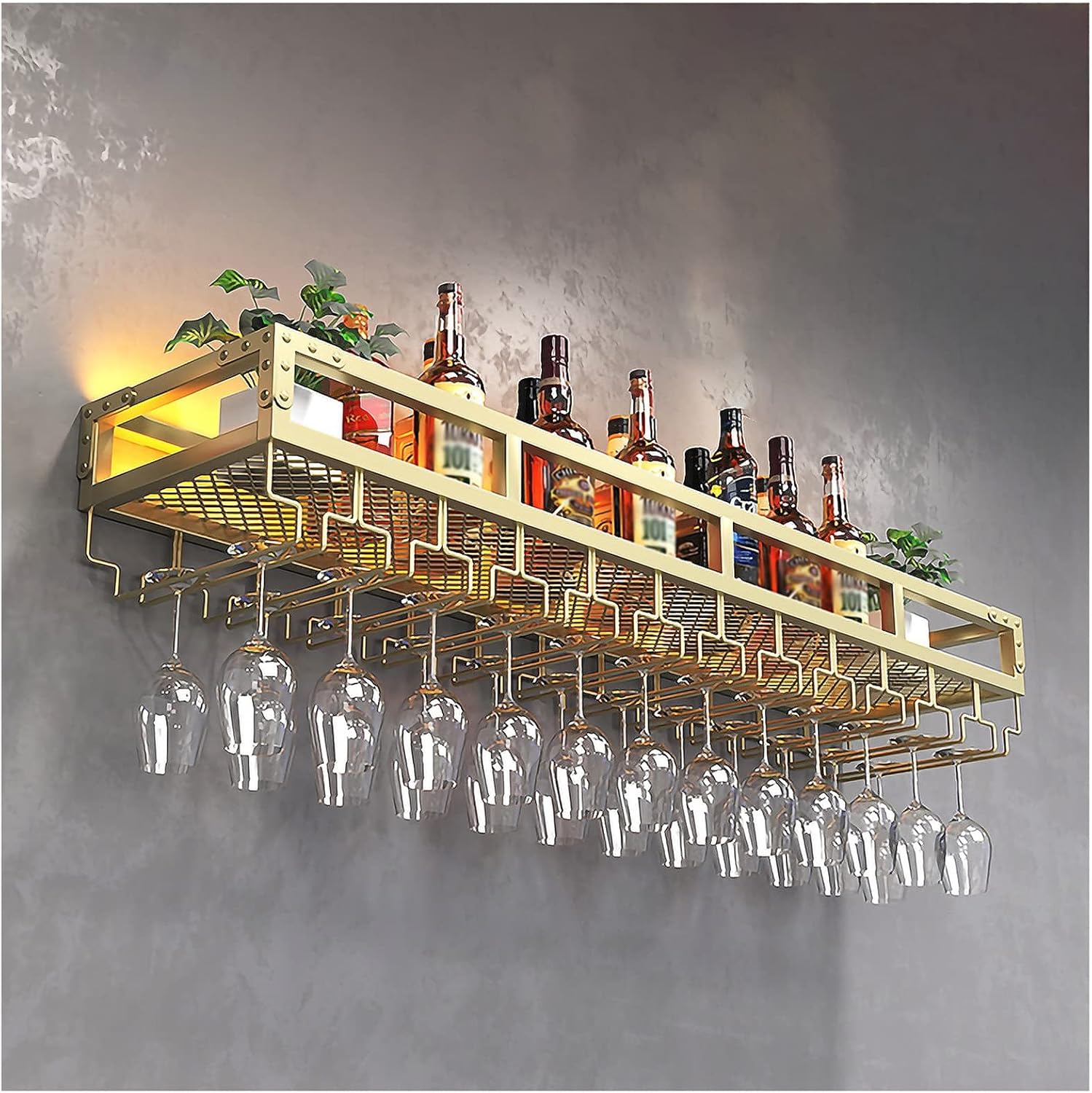 Wall-Mounted Metal Wine Rack with Glass Holder Gold 60x25x14cm
