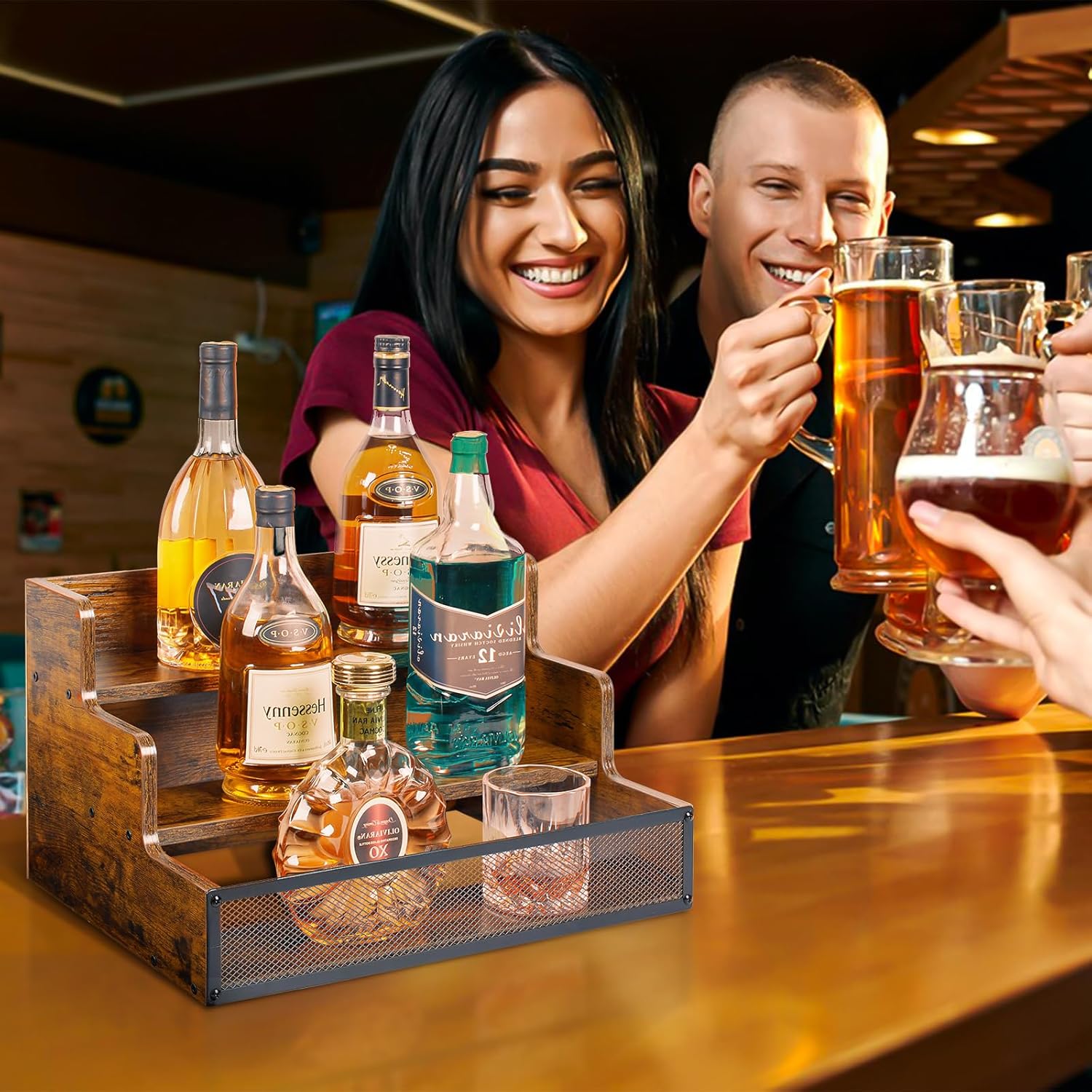 3 Step Wooden Liquor Display Shelf with Fences